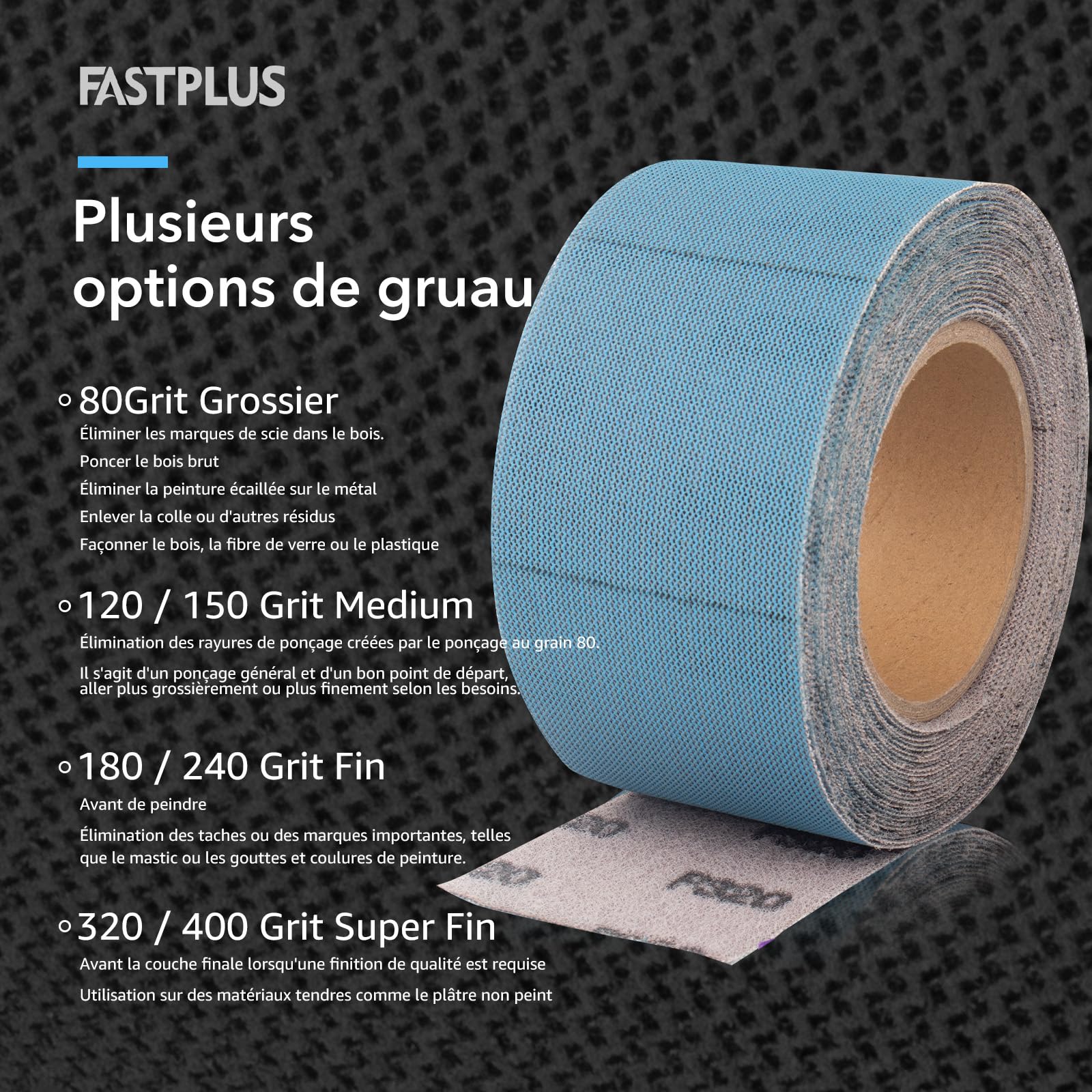 Rouleau de papier de verre FASTPLUS 70 mm x 12 m Rouleau de film Mesh Grip P240 Rouleau de papier de verre autocollant en céramique