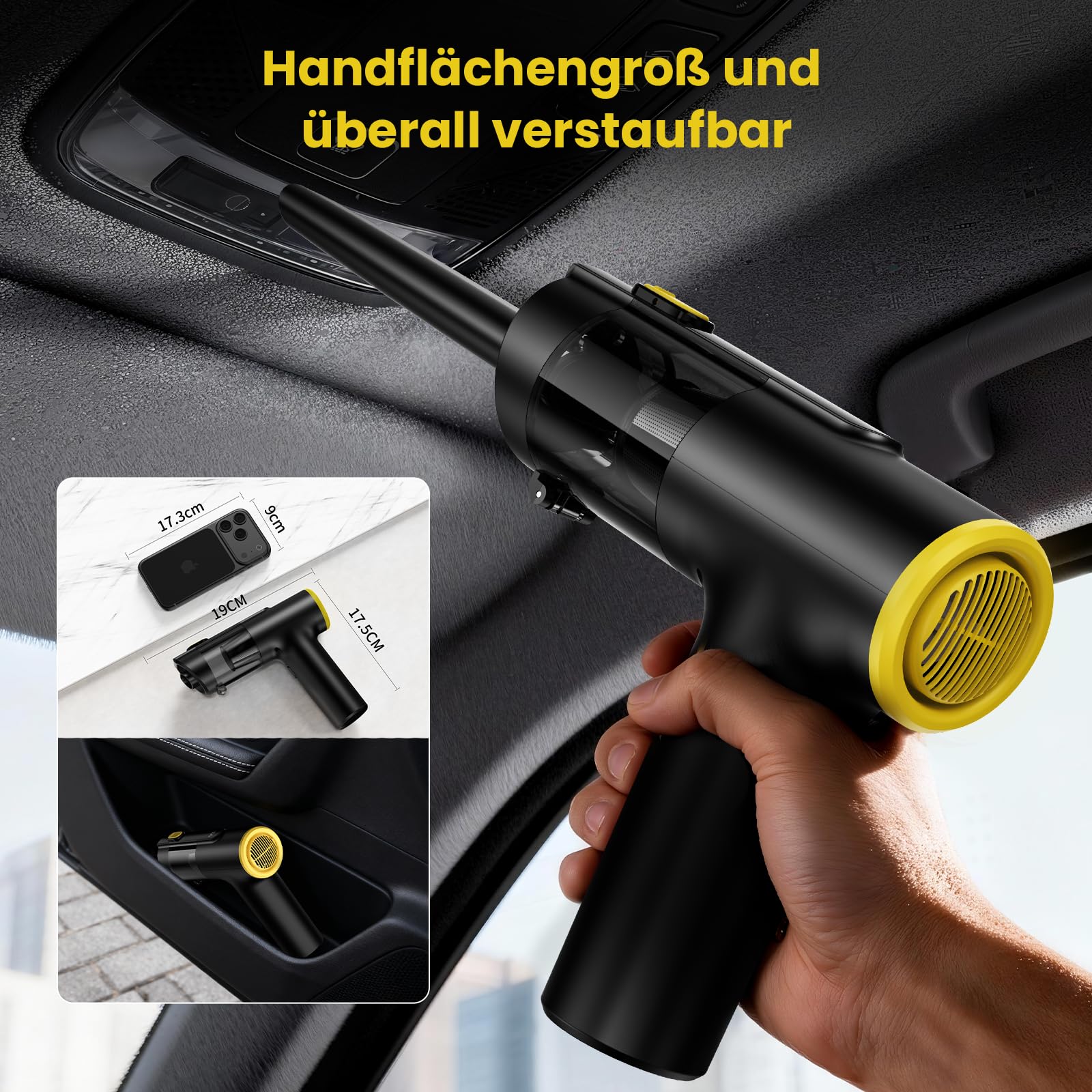 Handstaubsauger Akku Kabellos, 28000Pa Mini Autostaubsauger Stark Saugend, 7800mAh, 60 Min Laufzeit, 3-in-1 mit LED-Display und Bürstenlosem Motor für Auto, PC, Sofa, Küche