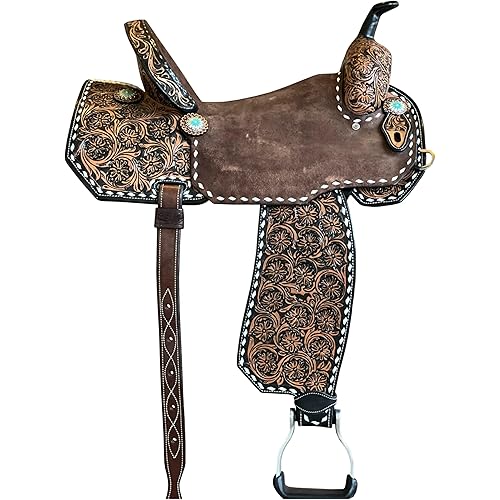 Premium Leather Western Barrel Racing Horse Saddle Tack Set Turquoise Buckstitch Seat Size 12" to 18" ST-223