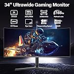 Gawfolk 34 Inch Ultrawide Curved 165Hz Gaming Computer Monitor 1500R PC Screen 21:9 UWQHD (3440x1440),99% sRGB,1ms,Adaptive Sync,Display Port、HDMI,Liftable Stand,Wall Mount Compatible 75 * 75mm-Black