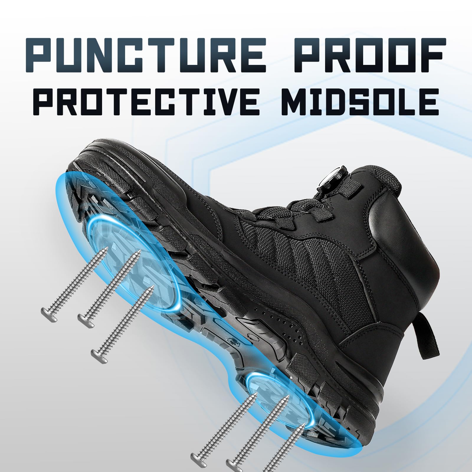 ANGRYRAM Zapatillas de seguridad para hombres y mujeres, ligeras, indestructibles, con puntera de acero, antideslizantes, a prueba de pinchazos, botas de trabajo con hebilla giratoria
