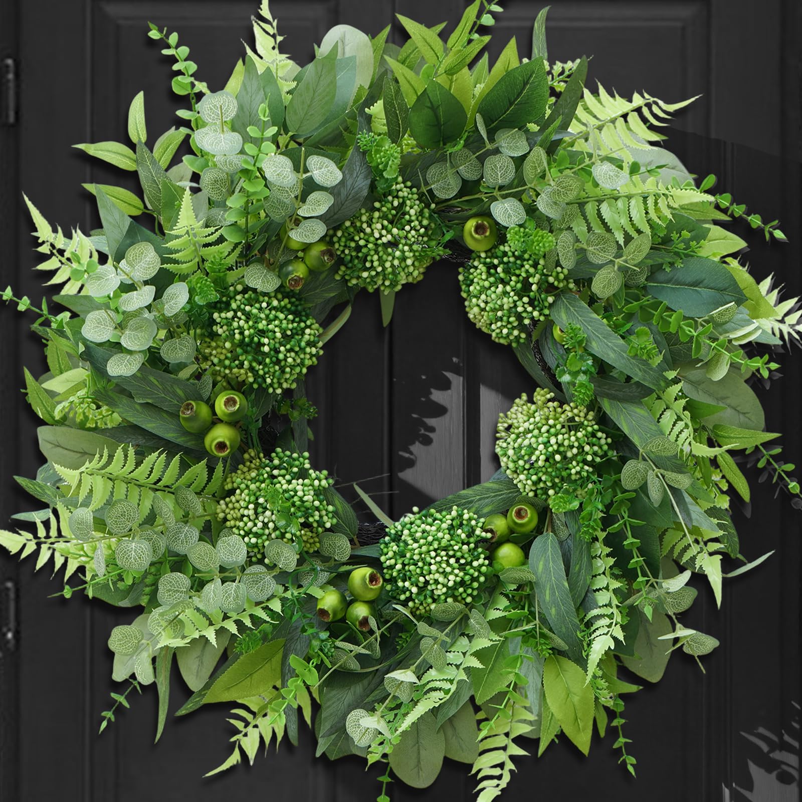 Photo 1 of 24 Inch Artificial Greenery Wreath for Front Door - Green Wreath with Eucalyptus and Fern Leaves, Spring Summer Fall Winter Eucalyptus Wreaths, Indoor Outdoor Wreath for Farmhouse Outside Year Round