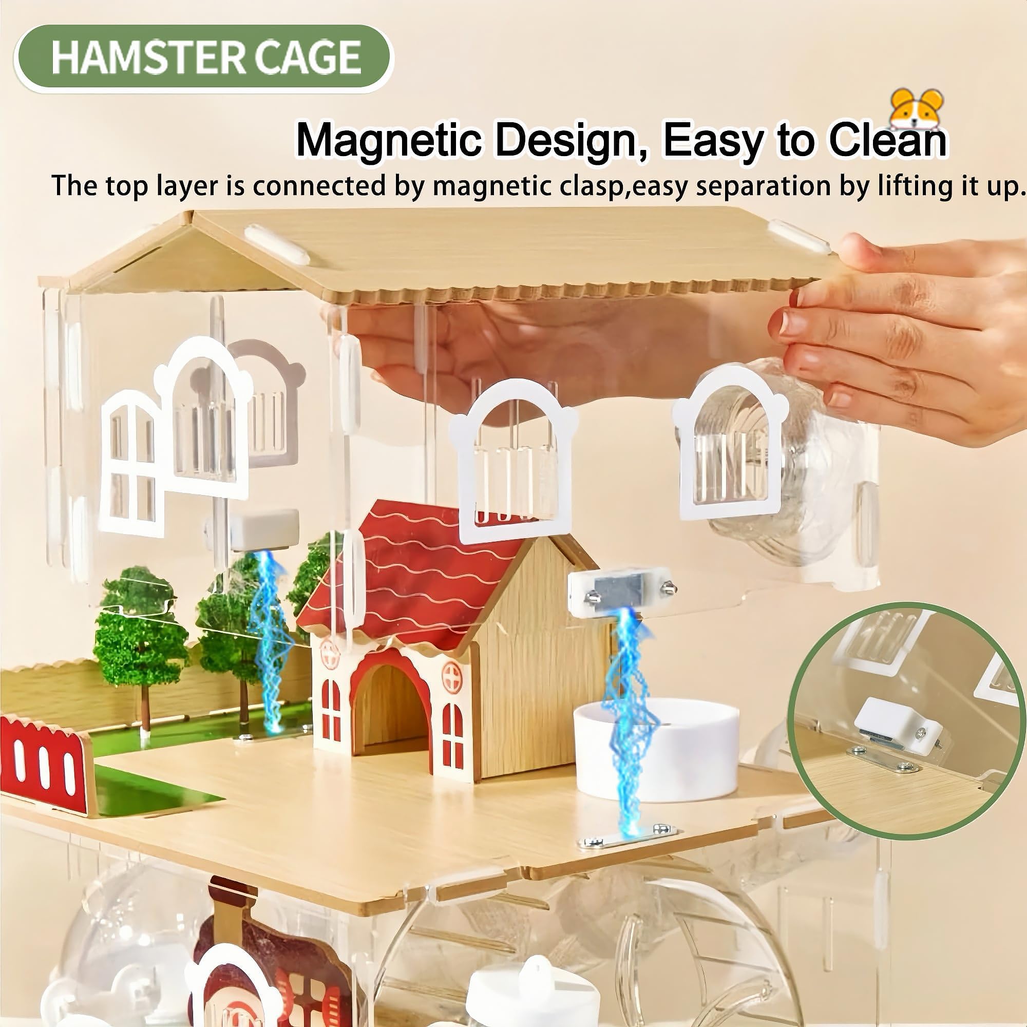 17-in-1 transparenter Acryl-Hamsterkäfig mit allem Zubehör, 34,9 cm L x 25,4 cm B x 53,3 cm H, Zwerghamsterkäfig, magnetische Verbindung, kleines Hamstergehege, Garten-Stil, Holzkäfig für