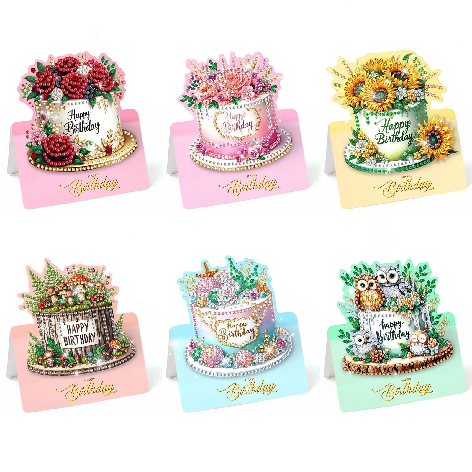 Lebartm 6Pcs 3D Folding Happy Birthday Greeting Card DIY Diamond Art Painting Foldable Thank You Cards with White Envelopes Blessing Greeting Card Set for Festival Holiday-Birthday Cake