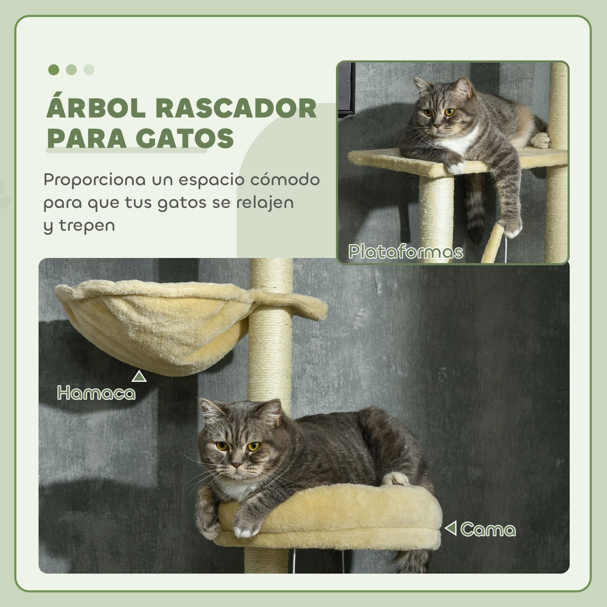 PawHut Árbol para Gatos de Suelo a Techo Altura Ajustable 230-250 cm Beige | Árbol Rascador para Gatos, Múltiples Plataformas, Cestos, Hamaca, Bolas Colgantes