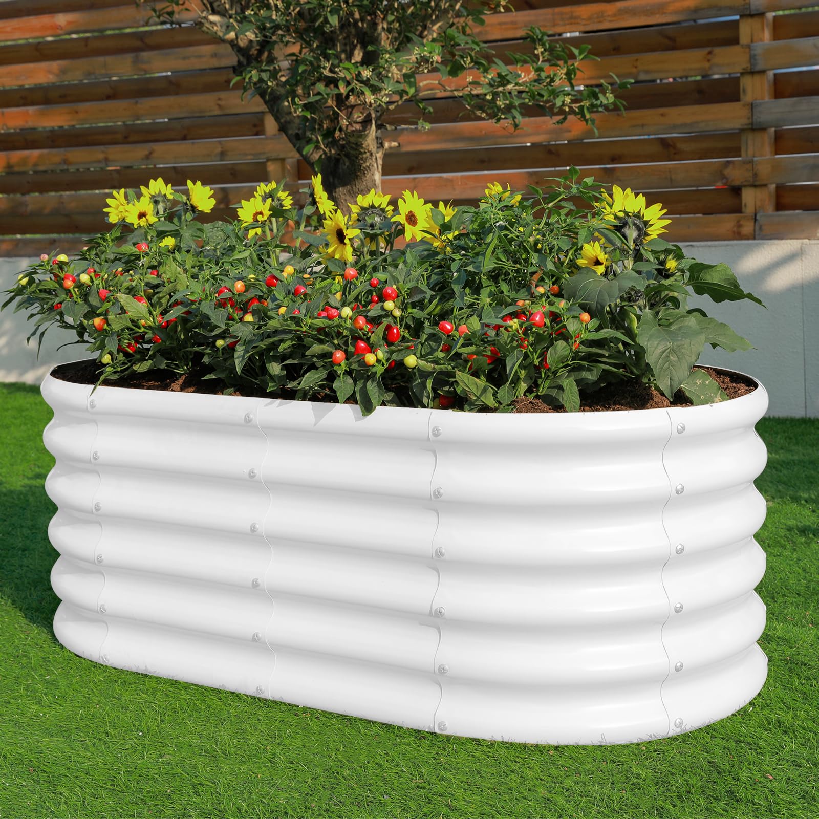 Land Guard Verzinktes Hochbeet, 45,7 cm hoch, 1,2 x 60 cm, verzinktes Pflanzgefäß, Gartenkästen für den Außenbereich, ovales großes Metall-Hochbeet für Gemüse, Perlweiß, 4 x 2 x 1,15 m