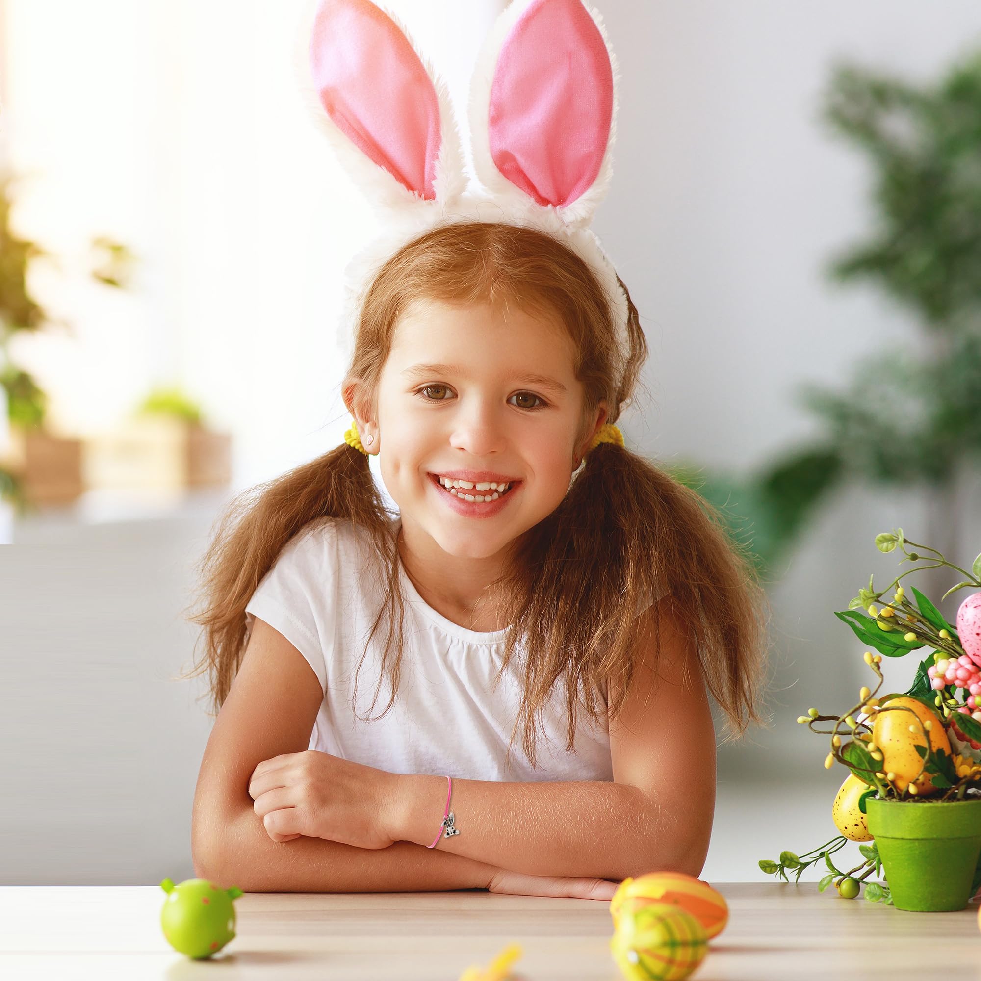 Eaciy Easter Bracelets Basket Stuffers Gifts for Girls Kids - 3-5 PCS Adjustable Bunny Rabbit Bracelet Christian Gift with Card