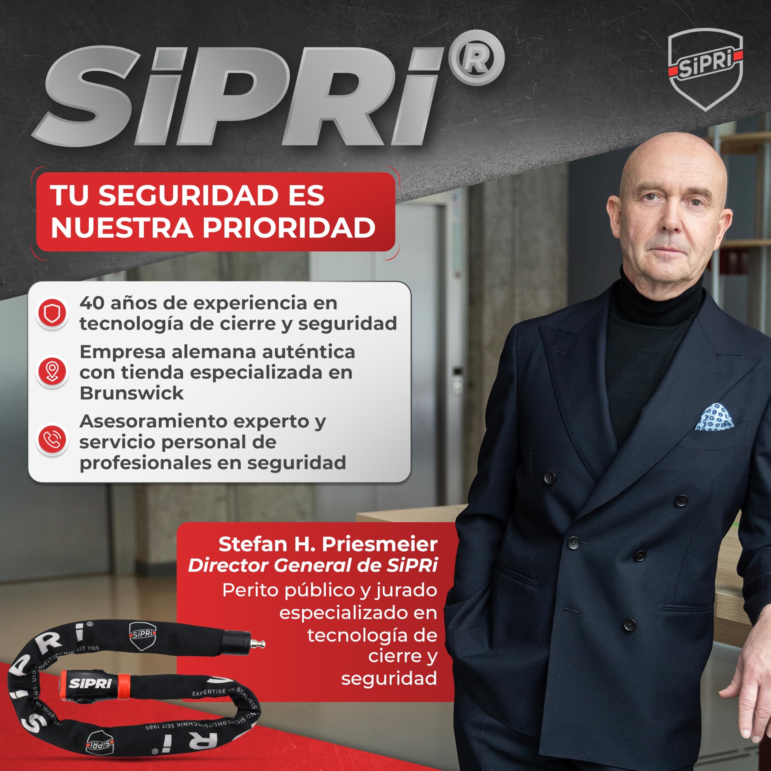 Candado para bicicleta SIPRI® con alarma de 120 dB | Candado de cadena para bicicleta con alta seguridad para E-Bike, E-Scooter y motocicleta | 8 mm de acero, resistente a la intemperie, robusto y