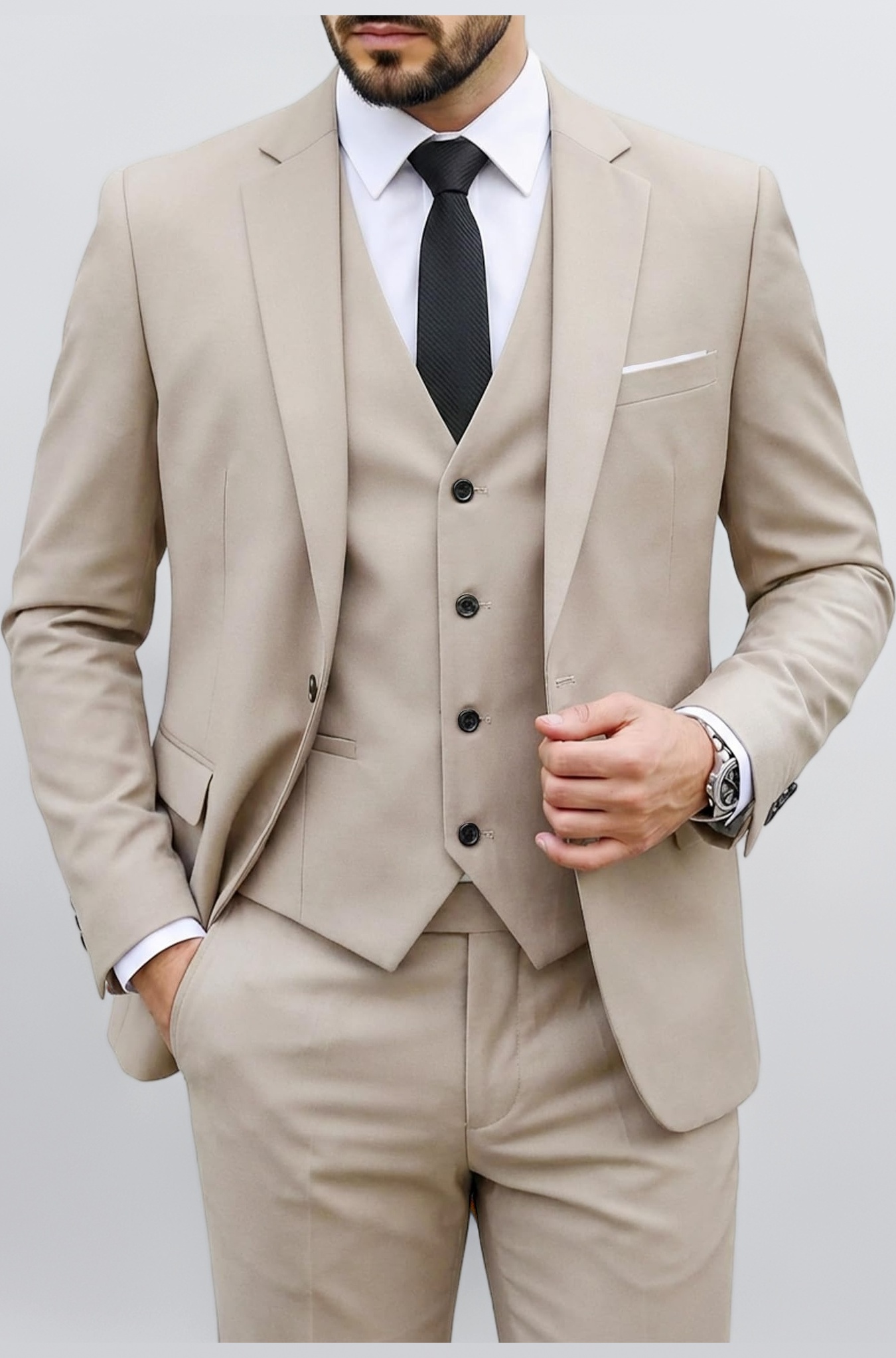 Men's 3 Piece Suit Blazer Slim Fit One Button Notch Lapel Dress Business Wedding Party Jacket Vest Pants & Tie Set Beige, S, 5'7-5'10, 140-160lbs