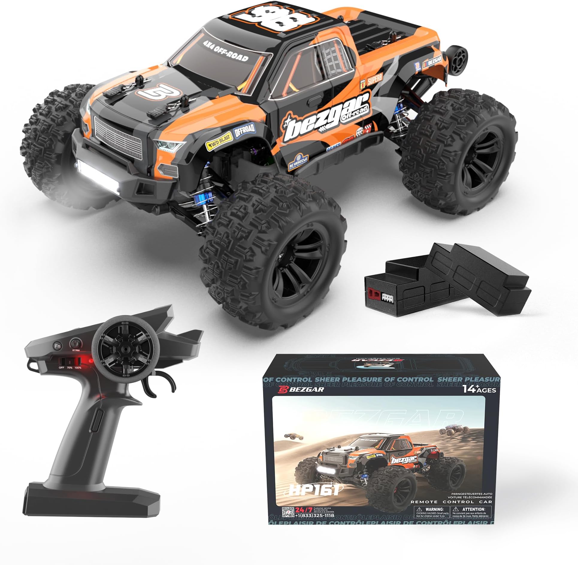 BEZGAR HP161 High Speed 1:16 4X4 Off-Road Remote Control Truck, Waterproof Electric Hobby Grade RC Cars All Terrain Toy Truck with Upgrade Chassis for Kid＆Adults Two Batteries,40+ Mins Playtime