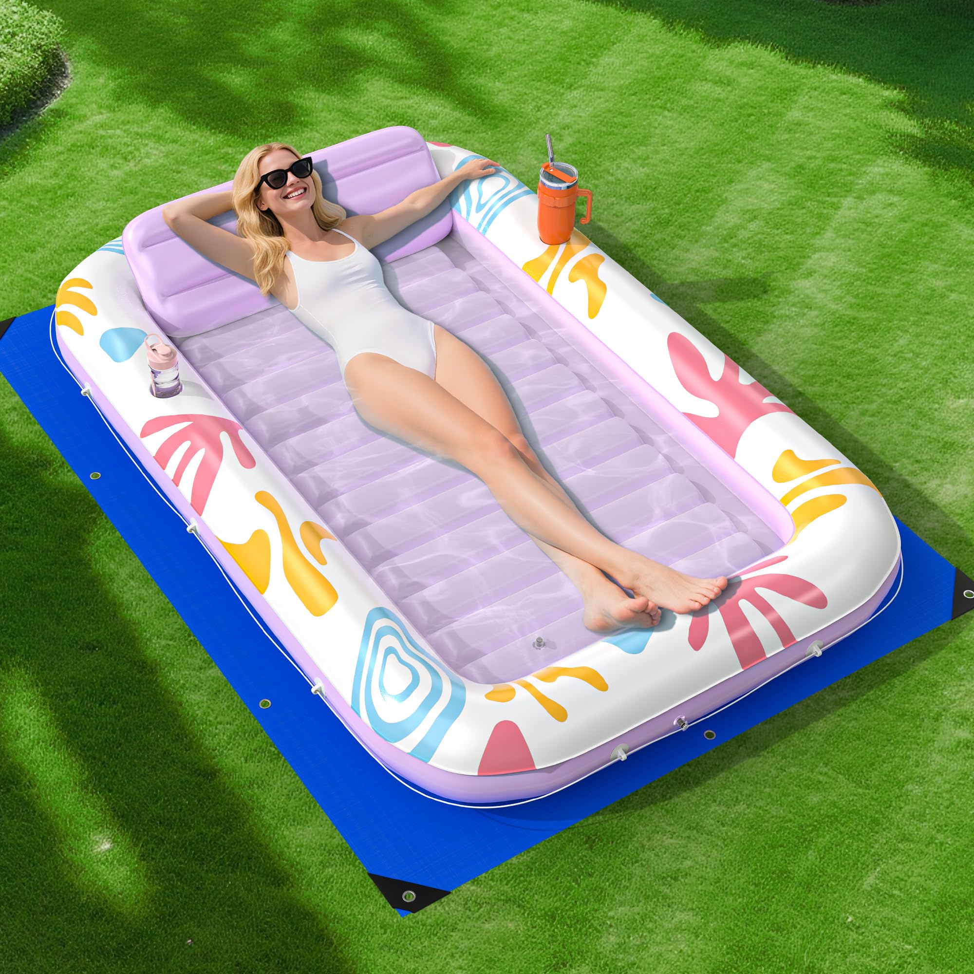 Inflatable Tanning Pool Lounger Float with Protection Tarp, 70" x 46" Pool Floats Adult w/Pillow, 6 in 1 Suntan Tub Raft Floatie, Sunbathing Water Bed
