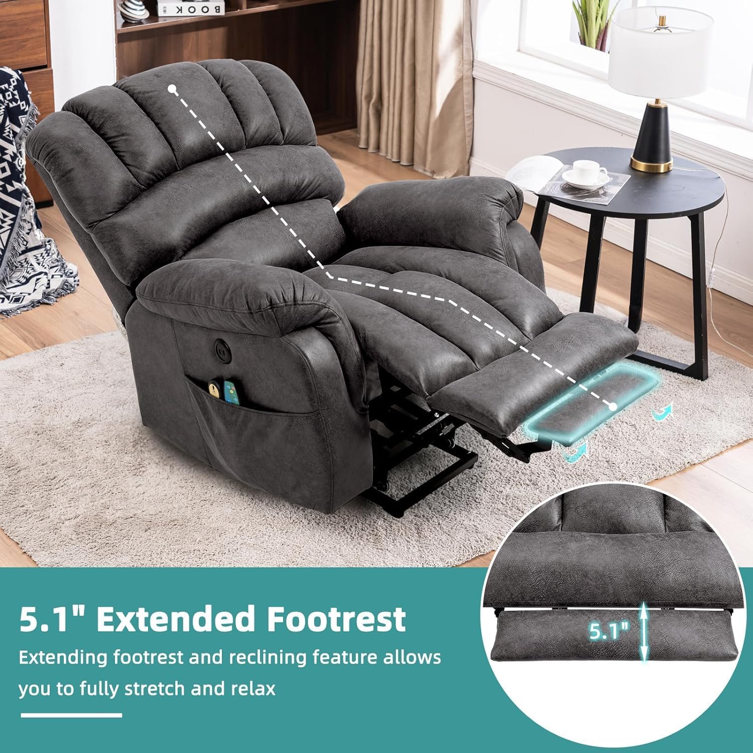 MEETWARM Tall Man Large Power Lift Electric Recliner Chair with Extended Footrest for Elderly, Overstuffed Wide Recliner with Heat & Massage, 2 Remote Controls, Side Pockets, USB Ports(Gray)