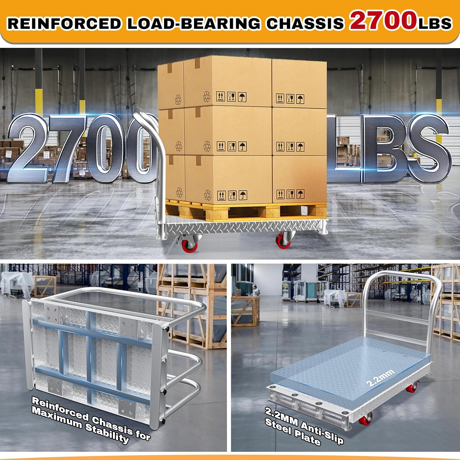 2600lbs Heavy Duty Platform Truck with 6" Swivel Brake Wheels & 4 Handrails, 40"x 24" Extra Large Steel Flatbed Cart, 2.5mm Steel Plate, Durable & Safe Industrial Dolly for Garage, Warehouse, Workshop