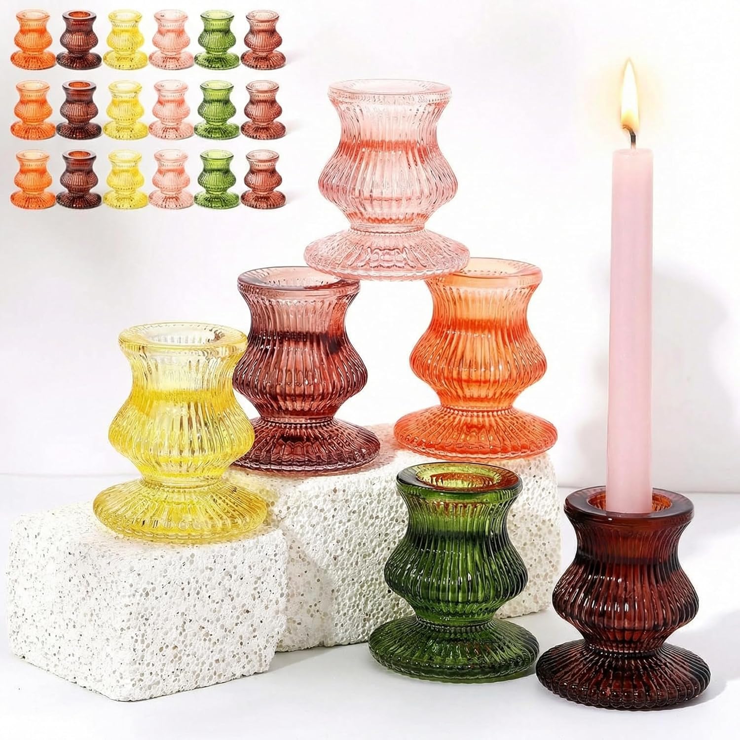 24 Pcs Glass Candlestick Holders Bulk 2.36" H Taper Candle Holders Thick Vintage Colorful Candlesticks Set for Table Centerpiece Wedding Party Birthday Dinner Table Festival Decoration