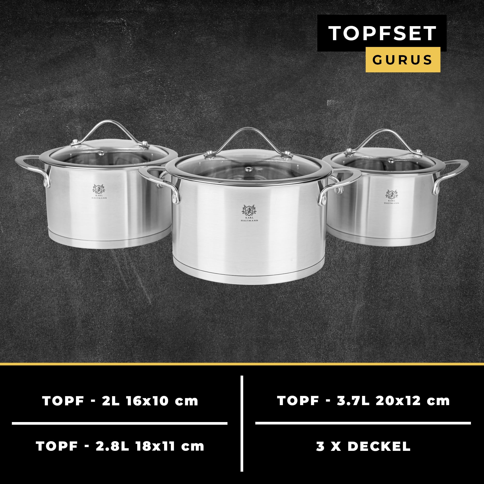 KARL HAUSMANN Topfset Induktion, 6-teilig, Edelstahl, 2 bis 3,7 L | Töpfe mit 3 Glasdeckel mit Dampföffnungen, Innenskalen, genietete Griffe, Kochtopf Set glänzende Oberfläche