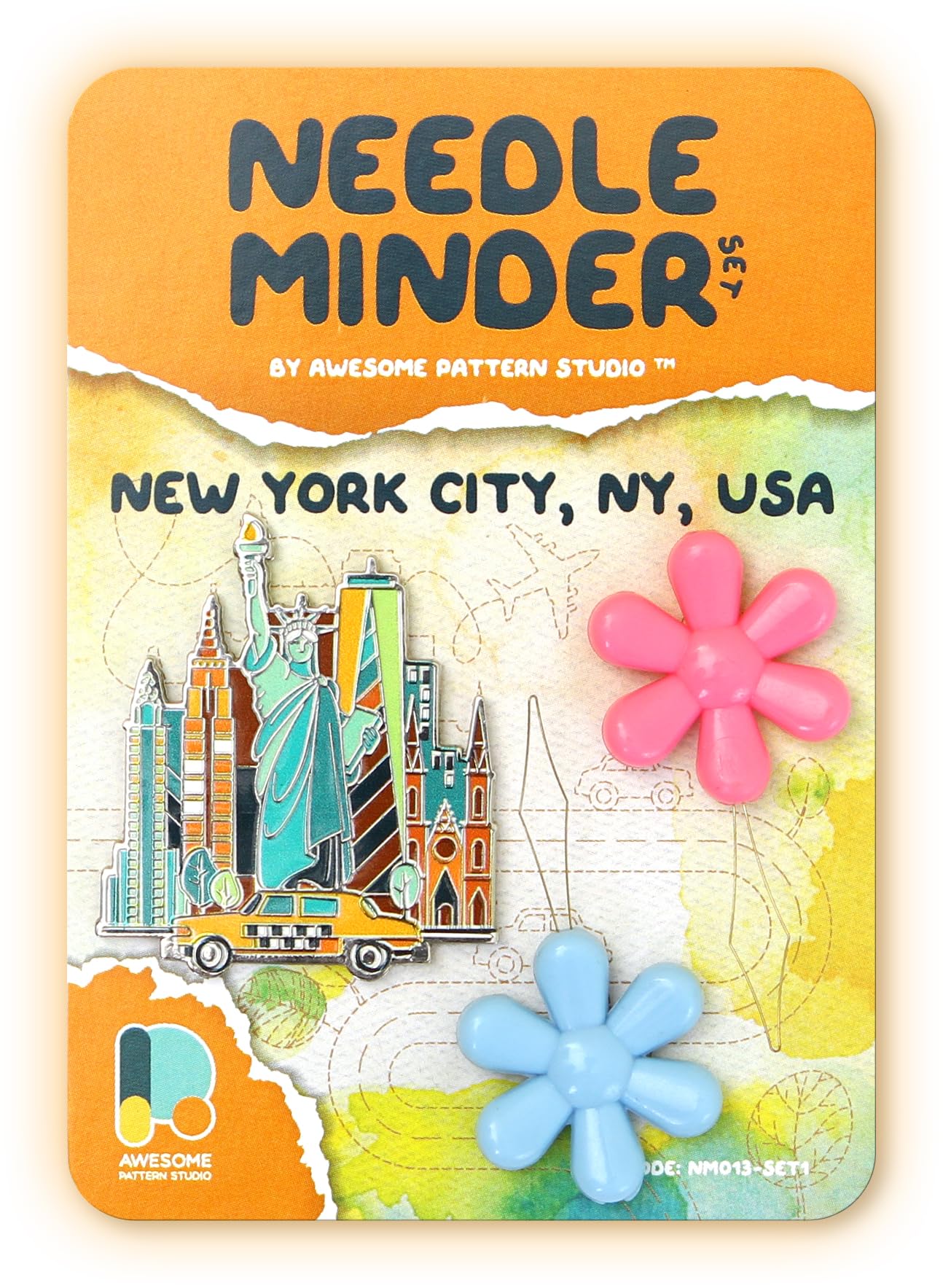 Awesome Pattern Studio Needle Minder Set – New York Magnetic Needle Minder + 2 Needle Threaders. Enamel Pin for Cross Stitch, Embroidery and Craft