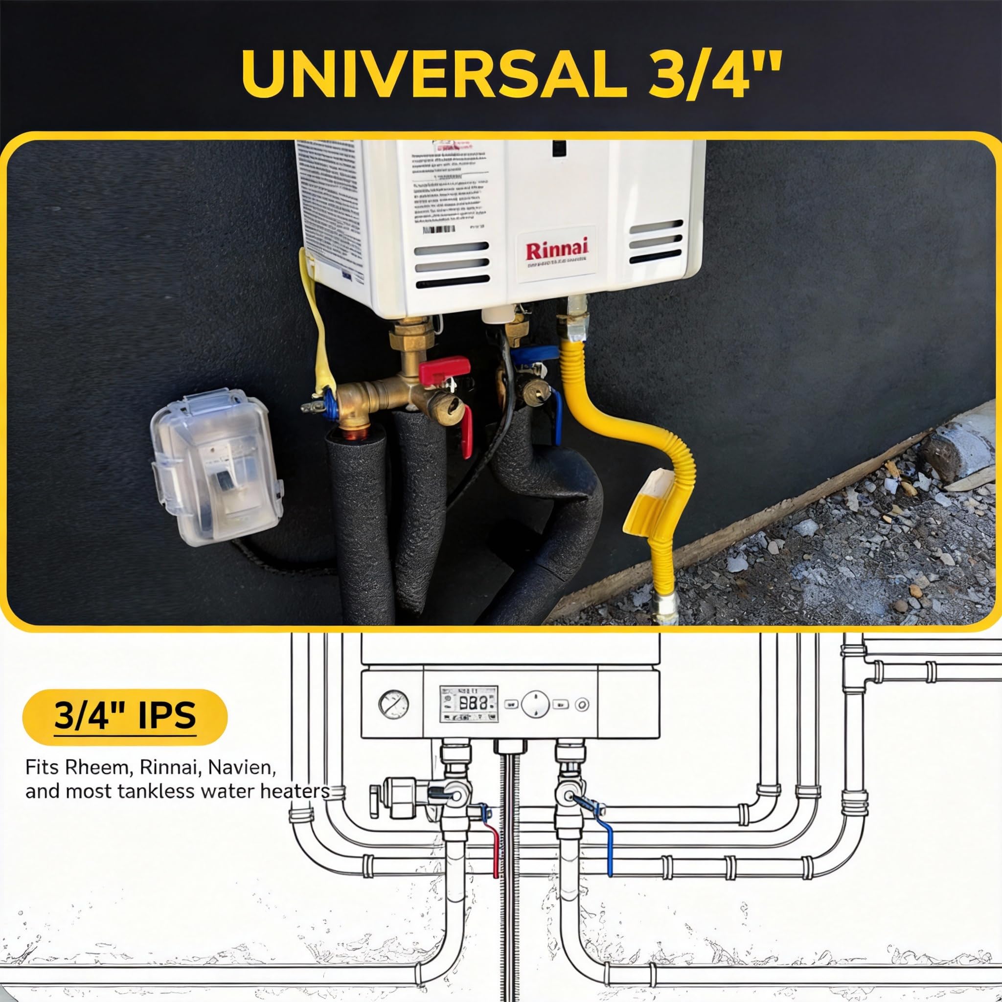 VANCOCO Kit di lavaggio per scaldabagno senza serbatoio con valvola limitatrice di pressione, in ottone caldo e freddo, adatto per connessioni IPS da 3/4"