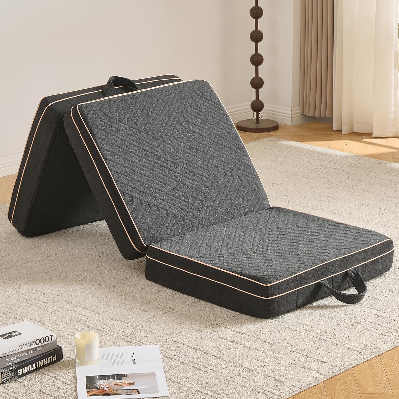OIGAE Klappmatratze 90x200x15 cm, 3-teilige Faltmatratze mit Memory-Schaum & Stützschaum, Faltbare Bodenmatratze für Zuhause, Reise & Camping, waschbarer Bezug, Tragegriffe, Dunkelgrau