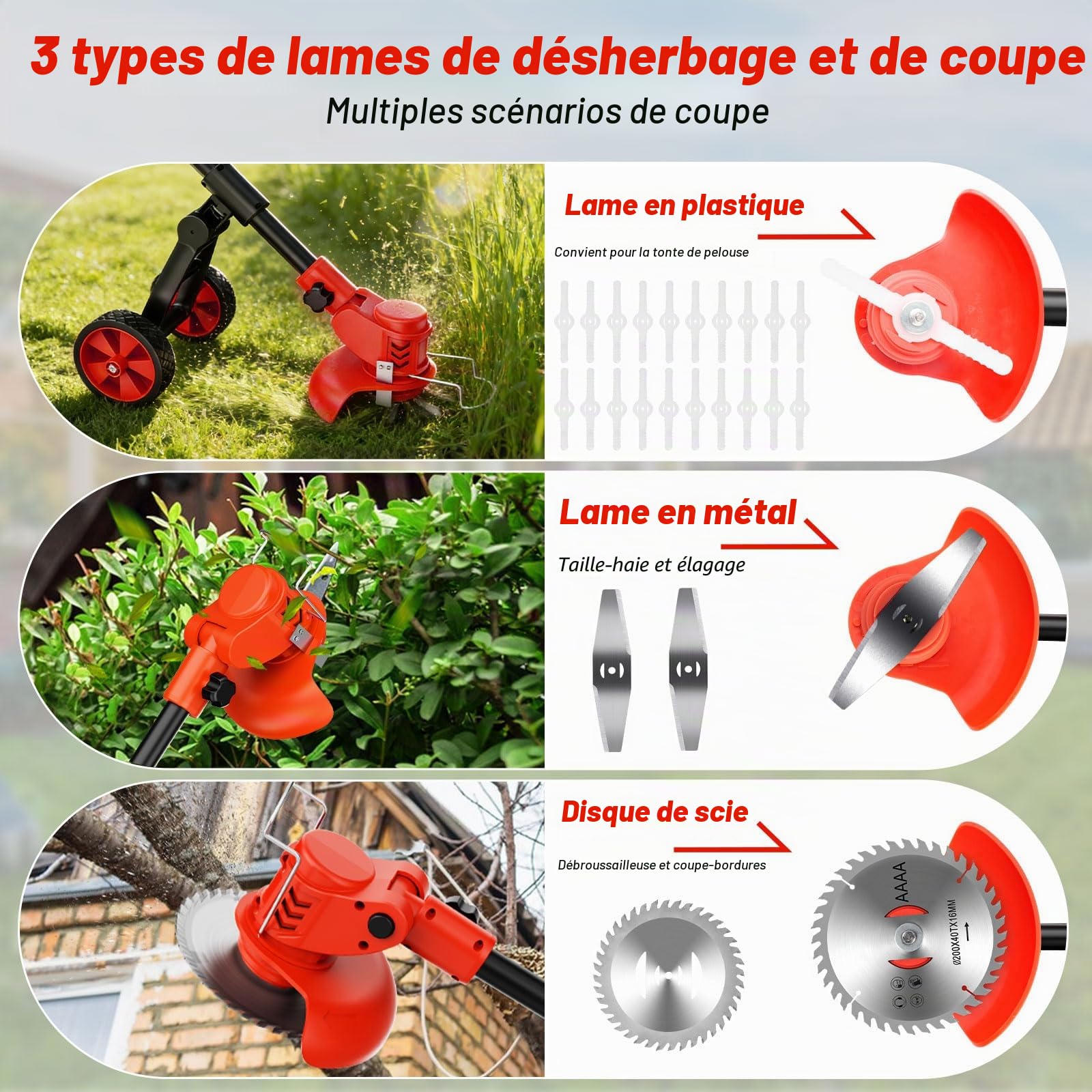 Debroussailleuse Electrique sans Fil 21V, Débroussailleuse Batterie avec 2 Batteries 2,0 Ah, Chargeur et Roues Amovibles, Coupe Bordure sans Fil avec Batterie pour Tondre Le Jardin et la Pelouse