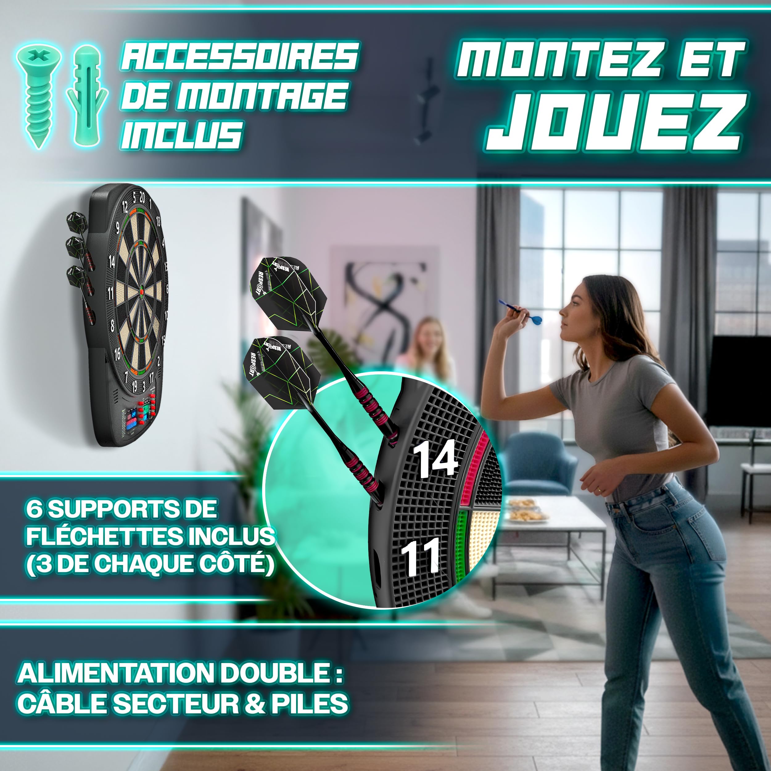 RE:SPORT® Cible de fléchettes électronique professionnelle avec 12 flèches + 24 ailettes Pro + 100 pointes de fléchettes et accessoires | Machine à fléchettes E pour 1 à 8 joueurs avec 427 variantes |