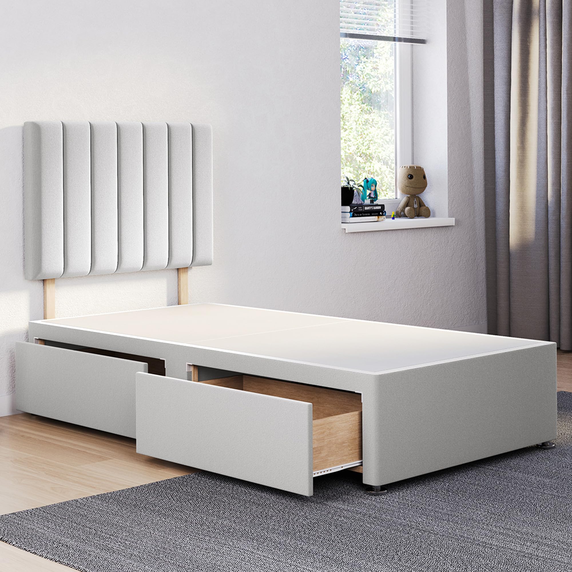 ComfoRest - Chic 3FT Single Divan Bed with 2 Drawers & 24" Stripe Headboard | Functional Frame with Storage and a Durable Base for Stylish Spaces (Silver Plush)