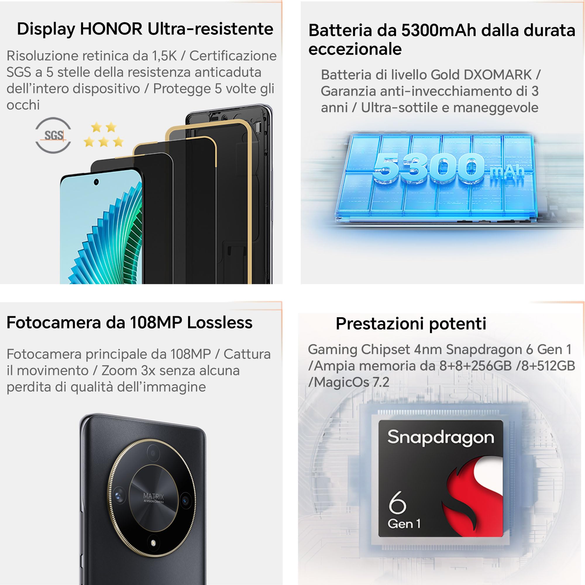 HONOR Magic6 Lite Smartphone 5G Android 13 Dual SIM NFC, 8GB RAM 512GB, AMOLED da 6.78 pollici anti-rottura da rimbalzo con Snapdragon 6 Gen 1,108MP,5300 mAh, Midnight Black [Versione italiana]