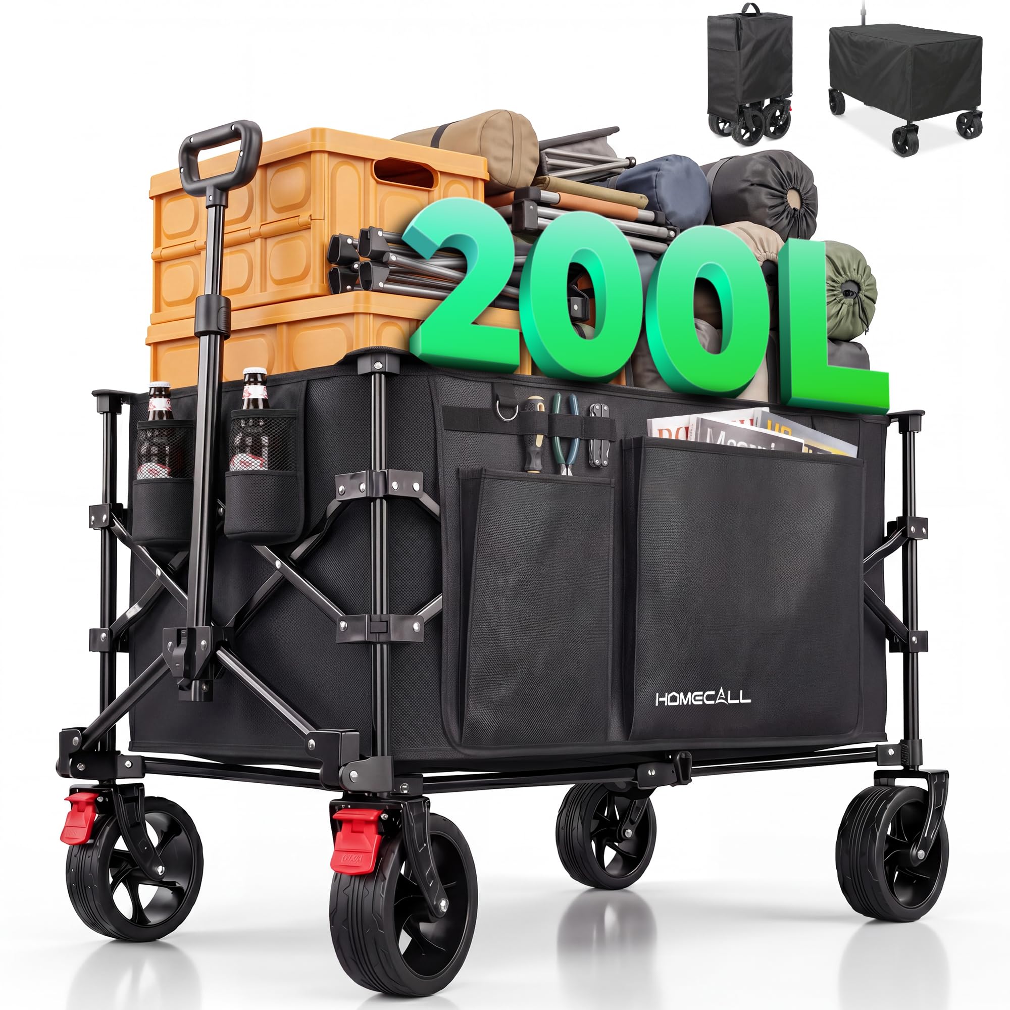 Bollerwagen Faltbar 200L 200KG Belastbar, Strandwagen Klappbar mit Regenschutz, Reflektorstreifen, Bremsen; Breite Reifen All Terrain Faltbarer Strandwagen Für Camping, Strand, Outdoor
