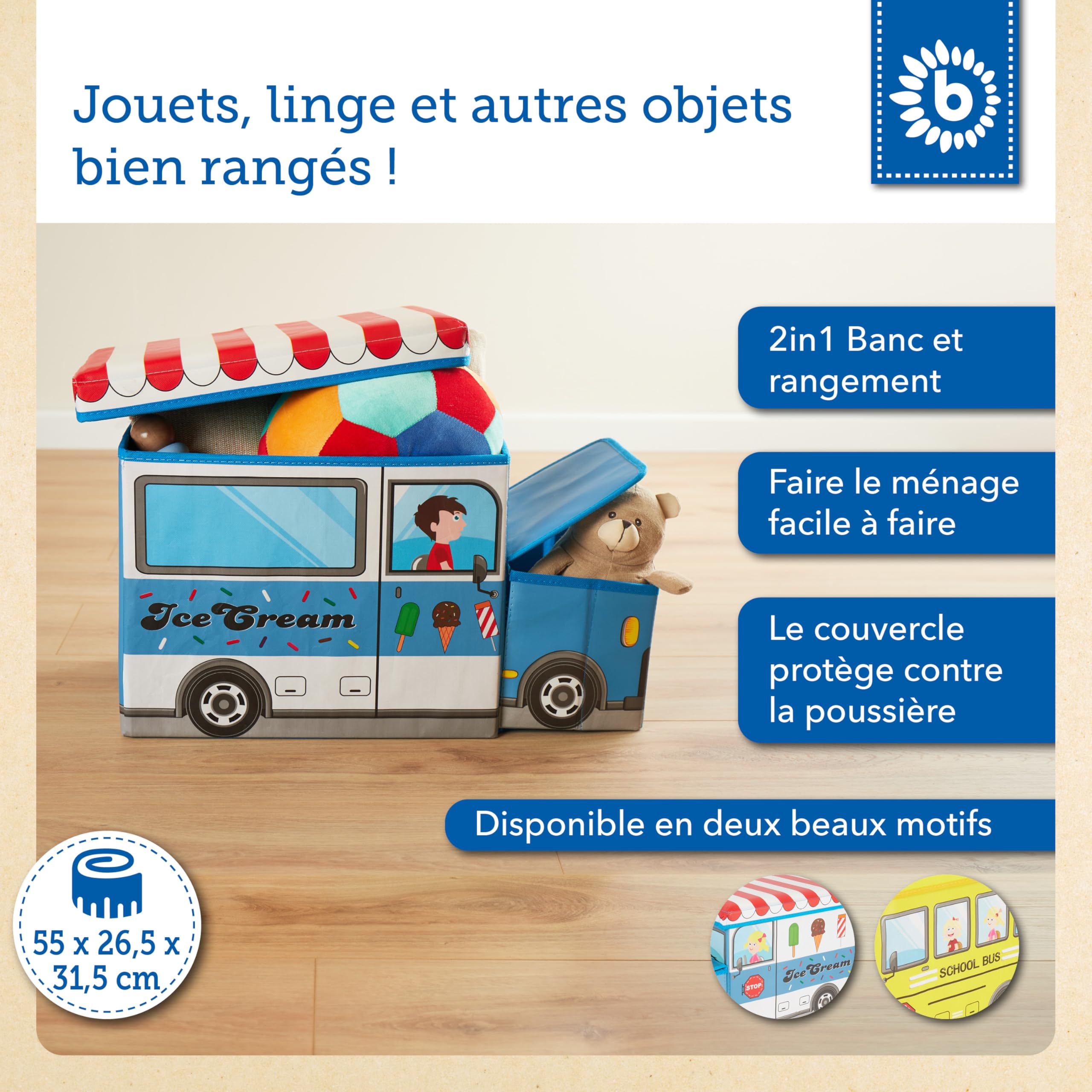 Bieco Boîte de Rangement Camion à Glace pour Enfants avec Siège Rembourré | Coffret à Jouets Unisexe avec Couvercle | Coffre Pliable Bleu & Blanc | Boîte de Rangement Pliable de 47 L | Ref. 04000510