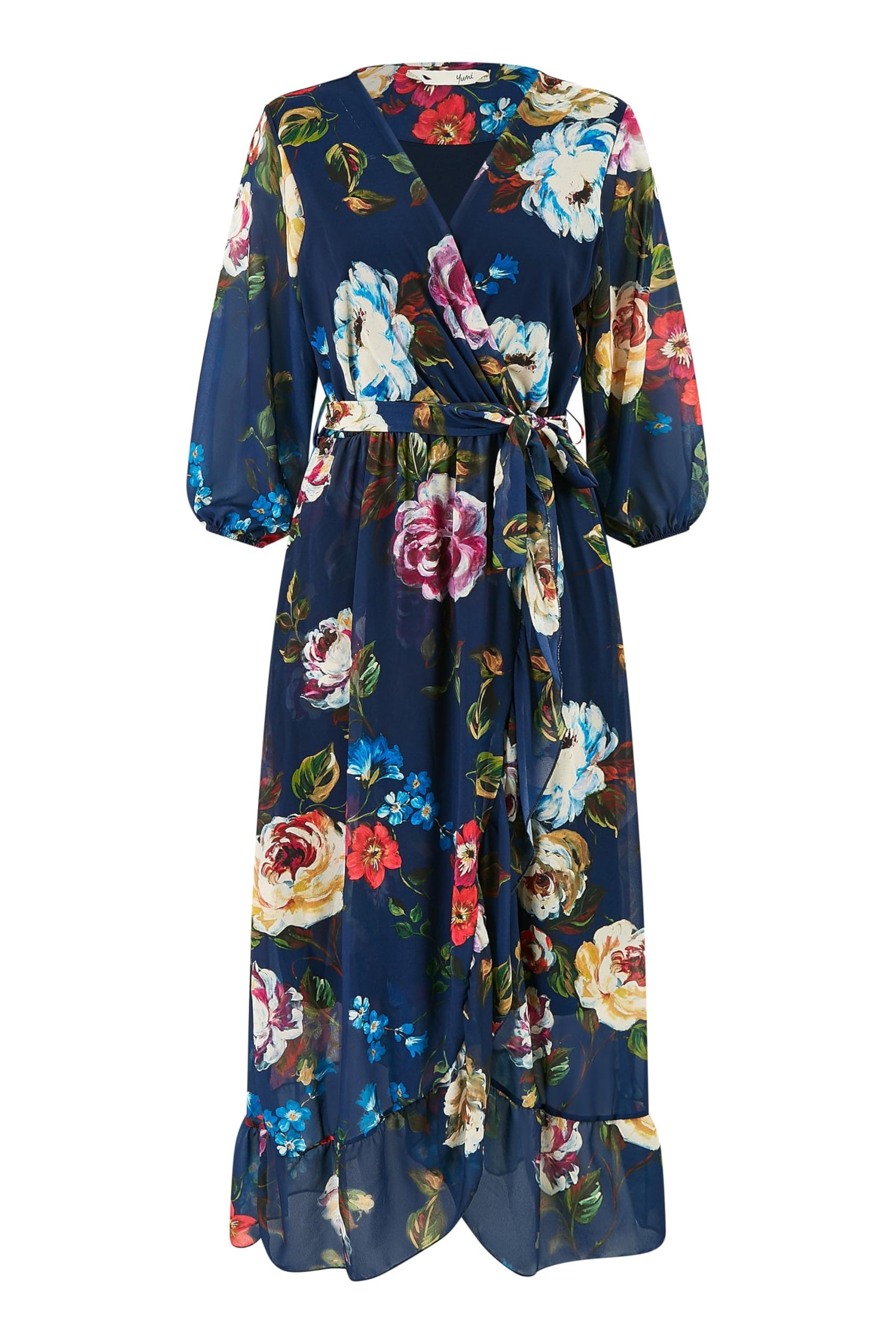 Yumi Women's Navy Watercolour Dip Hem Midi Wrap Dress Size 10
