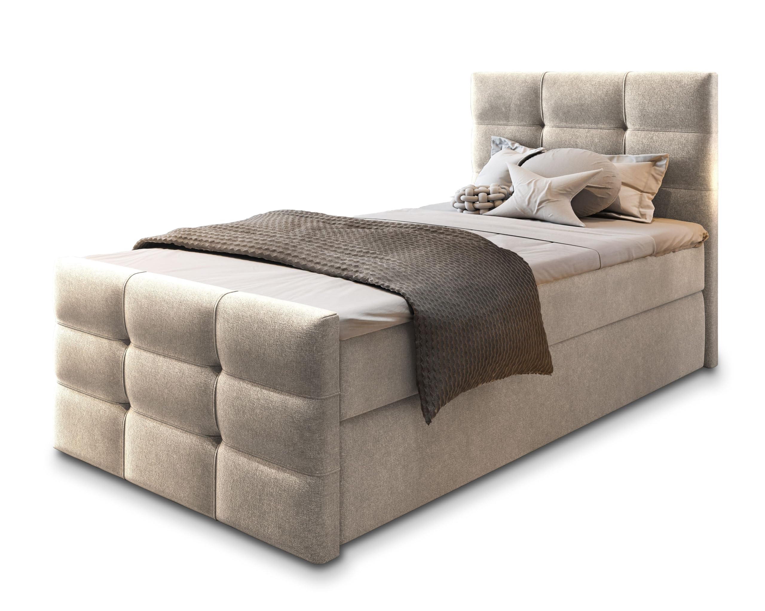 Masseno Boxspringbett Amon, 100 x 200 cm – Komplett-Set mit Matratze und Topper, Beige, mit zwei Bettkästen