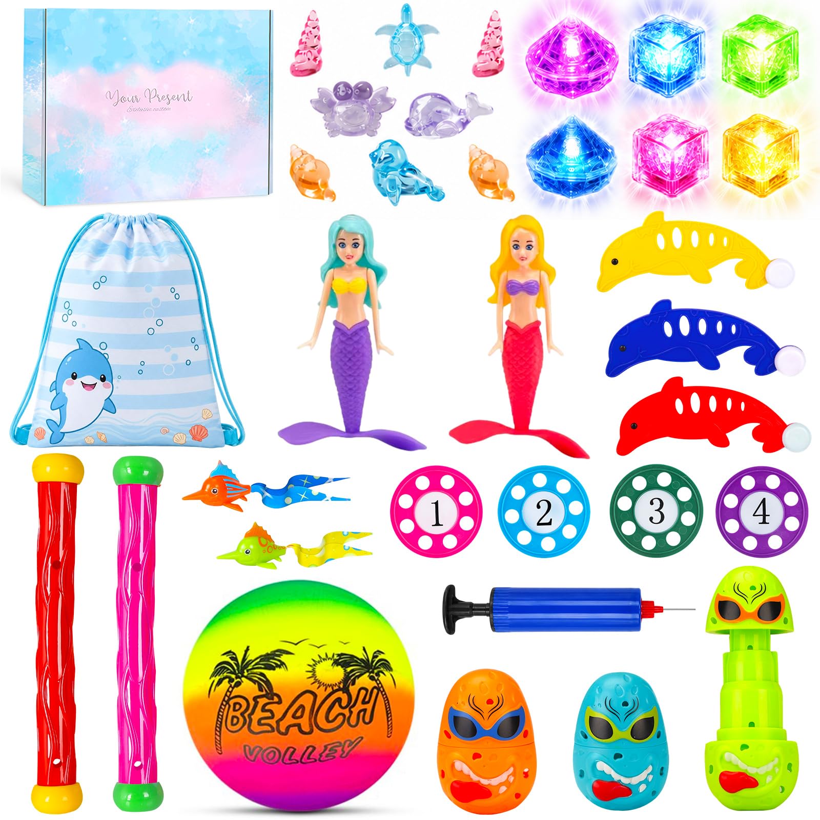 34 Pièces Jouets de Plongée, Jouet de Natation pour Piscine avec Cubes Lumineux à LED et Diamants de Cristal, Jeux Piscine Enfant avec Ballons de Plage et Sirènes Tournantes