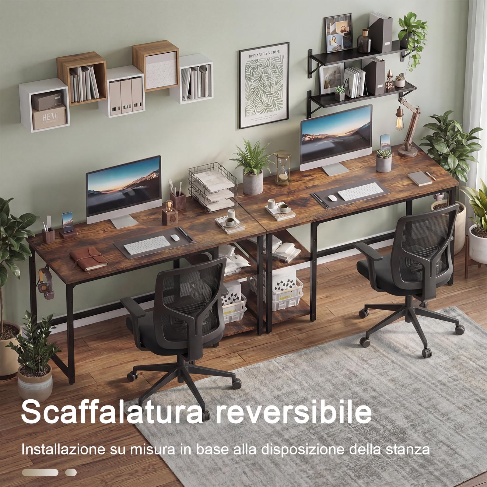 Devoko Scrivania Per Computer Industriale 140 x 50 cm, 2 Ripiani Regolabili Sinistra/Destra in Acciaio, Tavolo da Lavoro Mobile per Ufficio Casa Stile Vintage Marrone & Nero