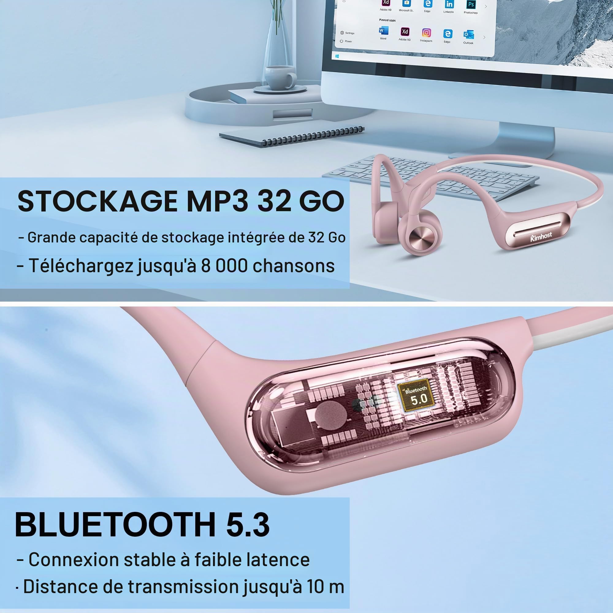 Casque Conduction Osseuse Natation, Open Ear Bluetooth 5.3 Écouteur Natation IP68 Étanche, Mémoire MP3 32G, pour Sport, Natation, Cyclisme, Course à Pied (Rose)