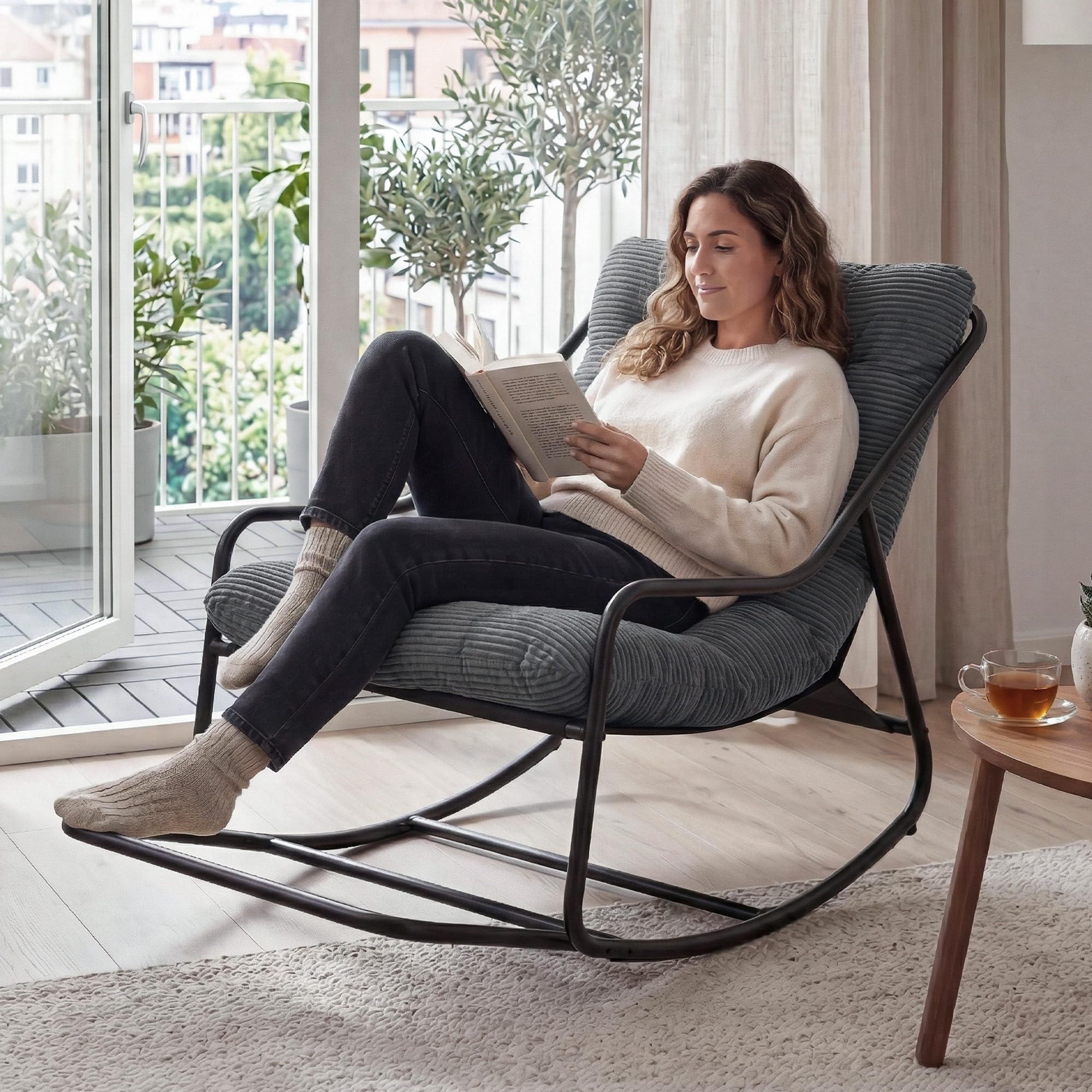 Übergroßer Schaukelstuhl, Gemütlicher Papasan-Stuhl mit Dick Gepolstertem Rahmen, für Innen- und Außenbereich – Robuster Stahlrahmen, Max. 160 KG，Dark Grey