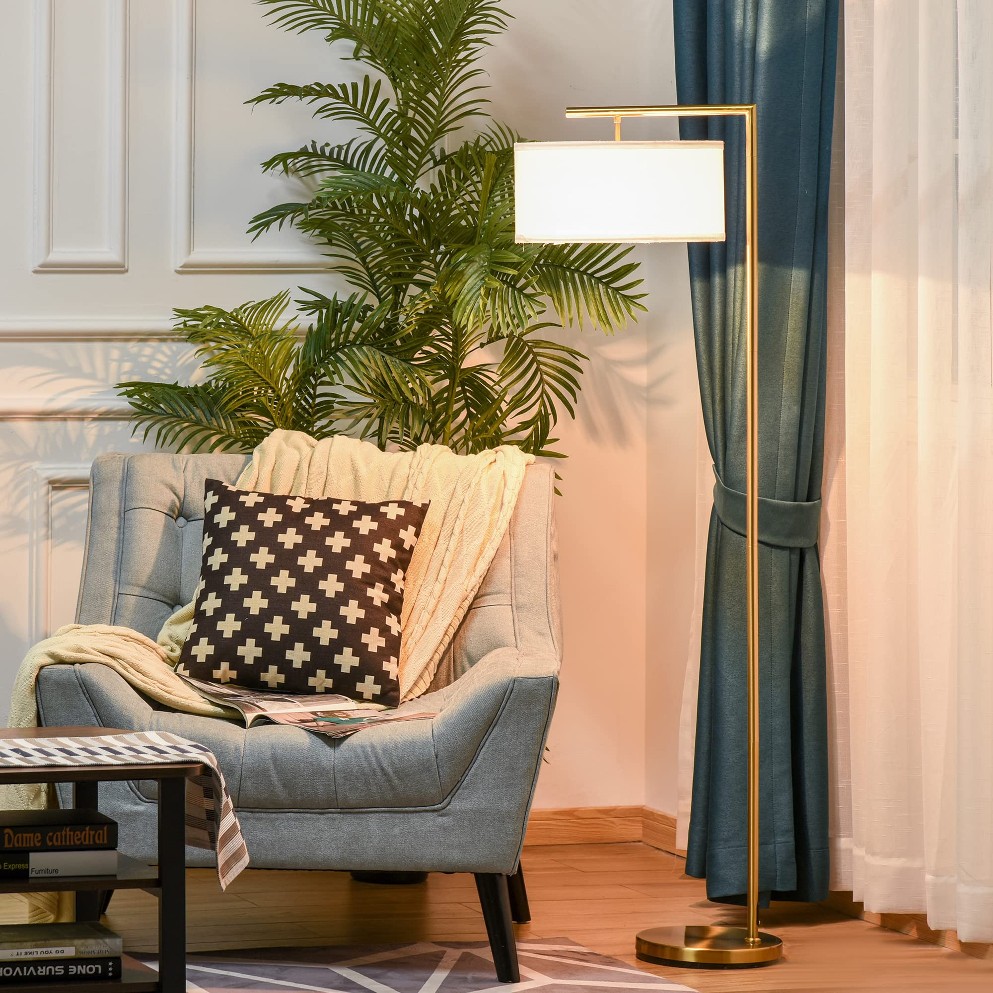 HOMCOM Lampada da Terra Moderna in Metallo E27 47x37x153cm Oro e Bianco | Paralume in Tessuto, Lampada da Lettura