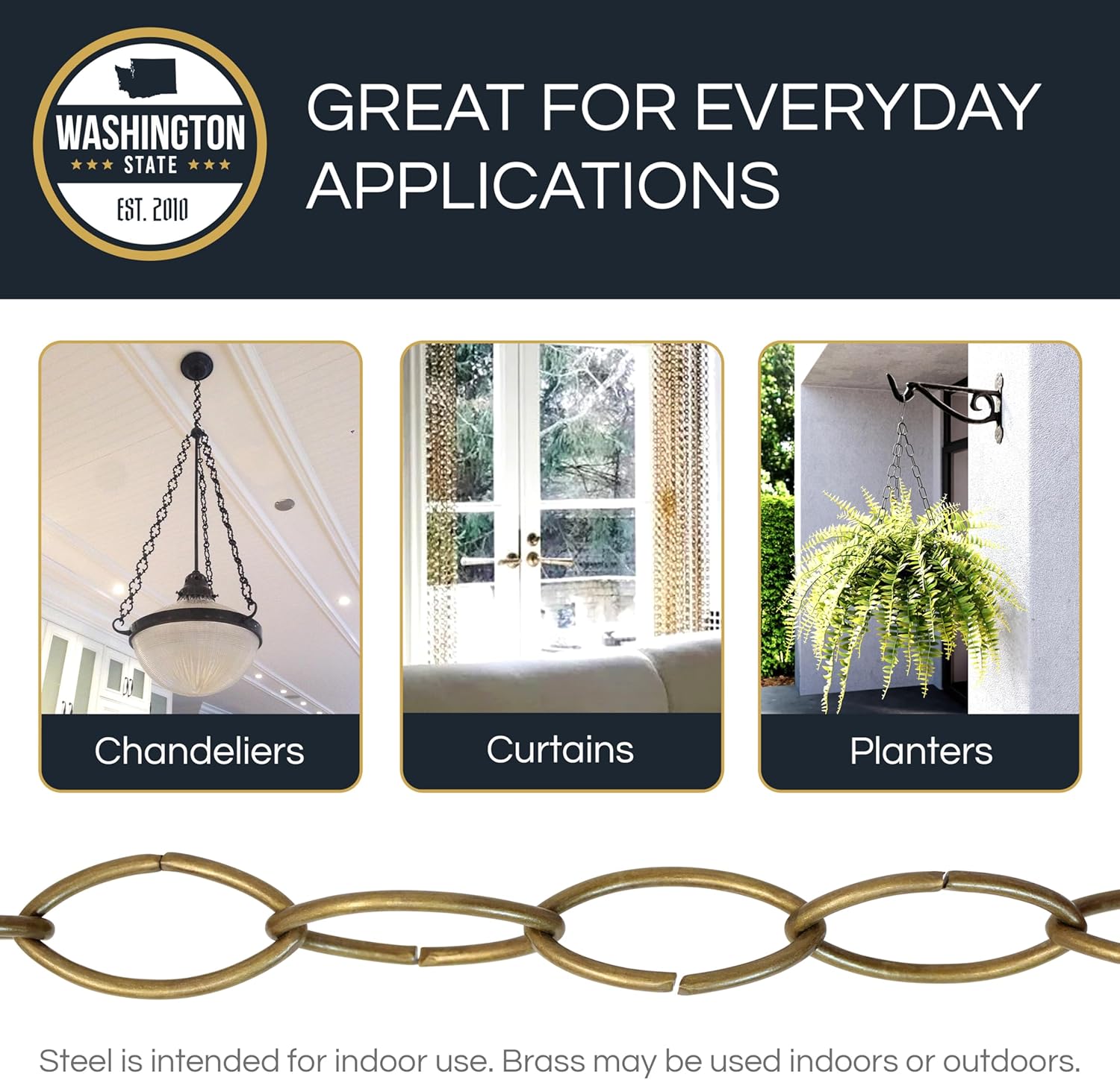 RCH Hardware CH-43-AD-3 Decorative Acid Dipped Solid Brass Chain for Hanging, Lighting - Large Oval Wire Unwelded Links (3ft/1 Yard)