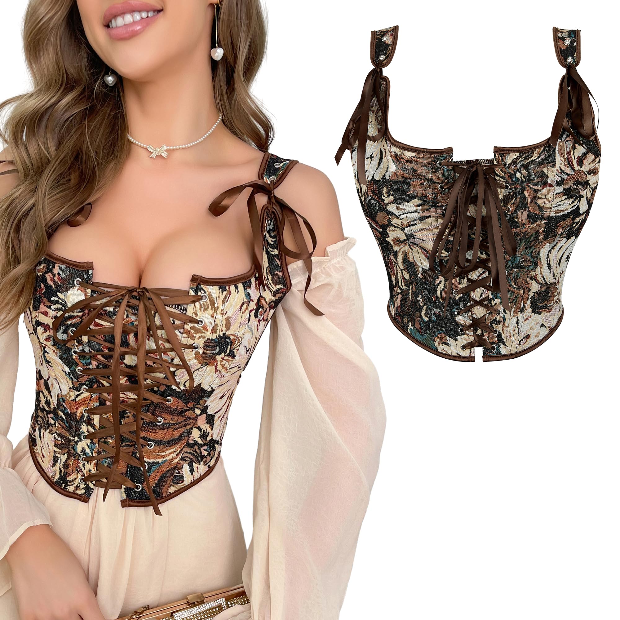 Renaissance Floral Corset Tops for Women Going-Out Vintage Brown Push-Up Overbust Bustier Lace-Up Boned Bodyshaper