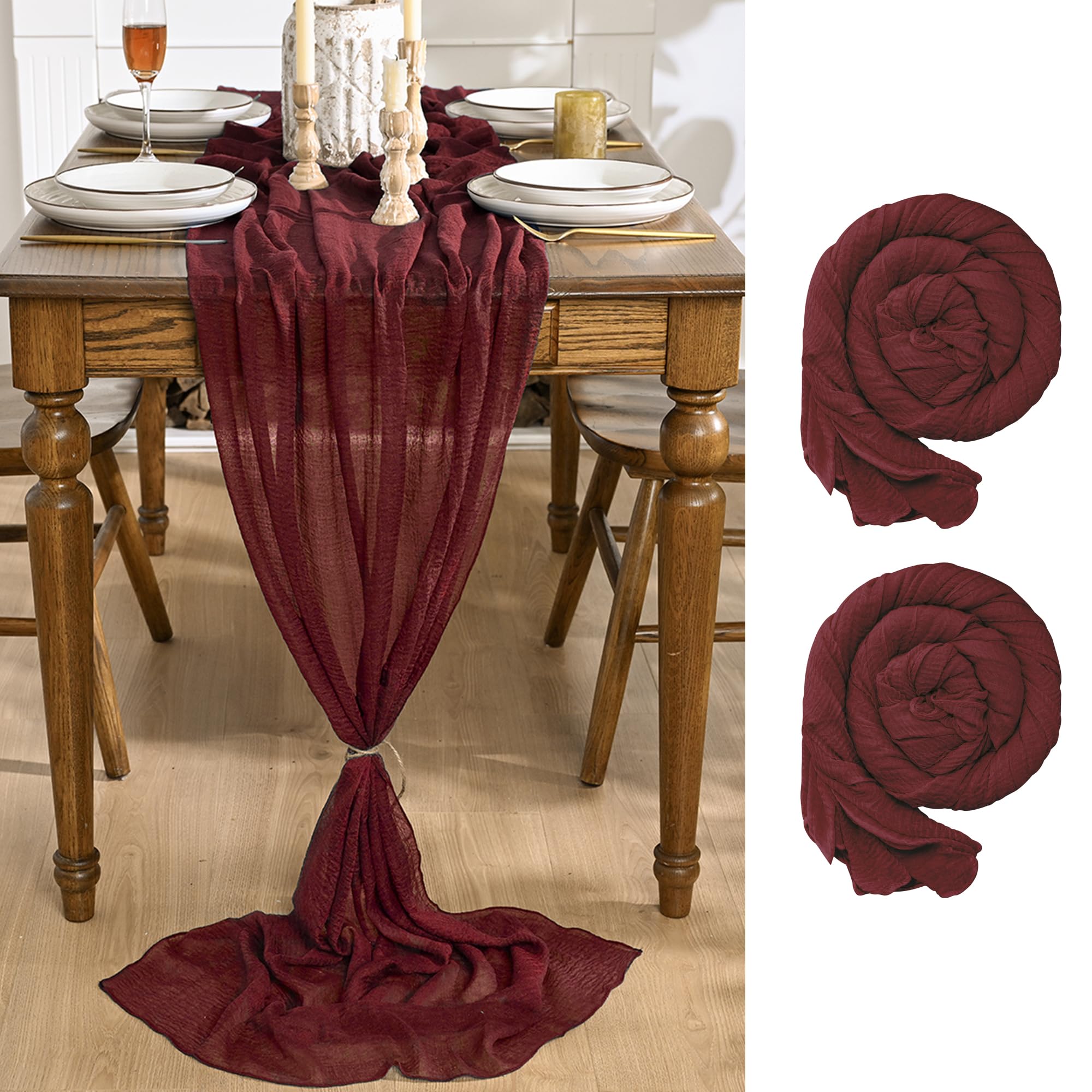Artoid Mode Wine Red 2PCS Boho Gauze Cheesecloth Table Runner 300 cm