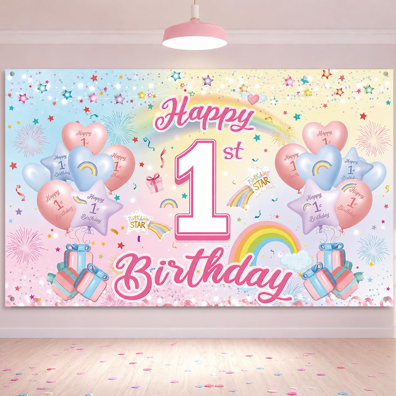 Happy 1st Birthday Banner Backdrop, Pastel 1st Birthday Decorations for Girl, Pink Rainbow First Birthday Backdrop for 1 Year Old Kids Party Decorations