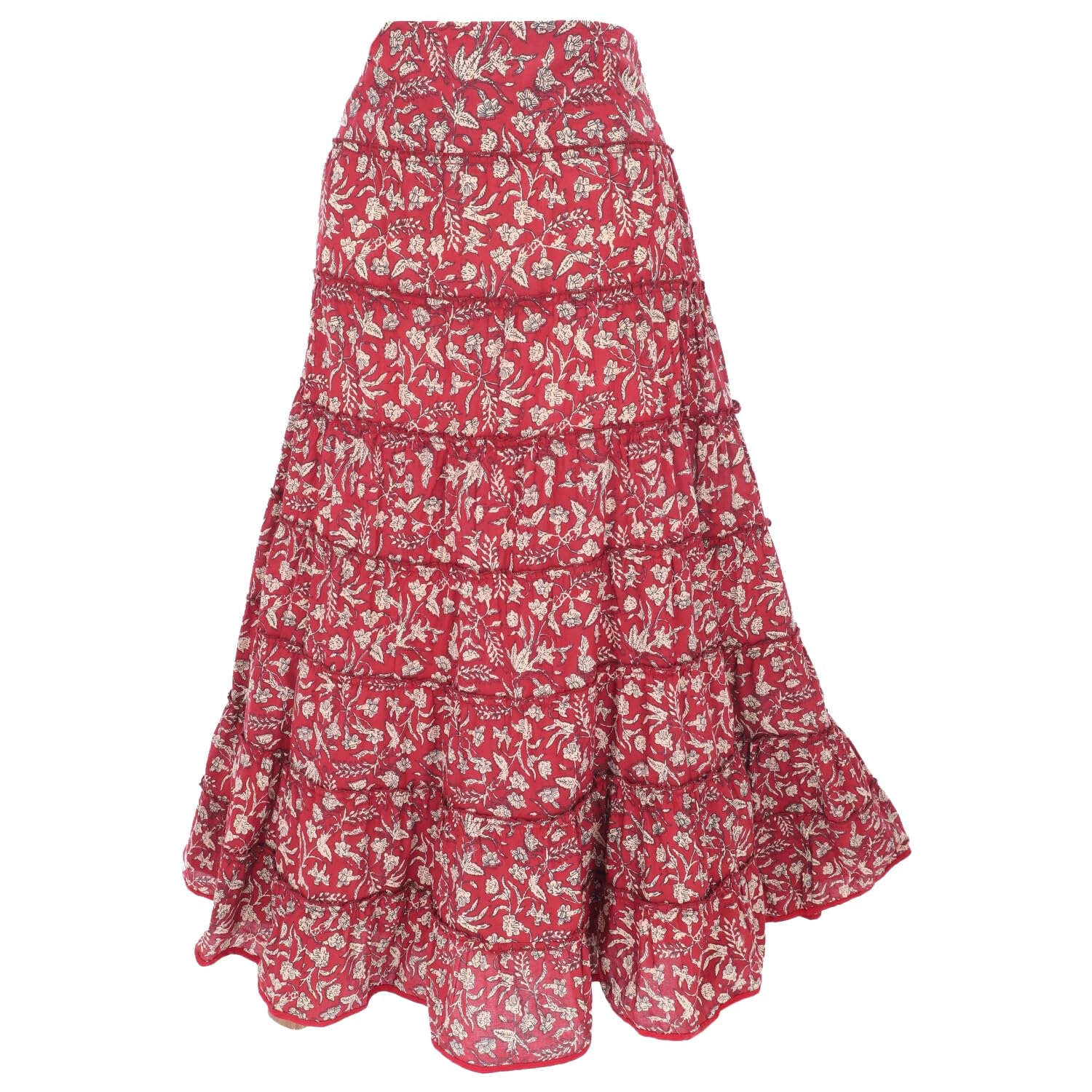 Langer Boho Stufenrock, Maxirock Flamencorock, Baumwolle, weiß/bunt | Maxi-Länge, weit geschnitten, bequemer gesmokter Bund, ideal für Sommerlooks, nachhaltige Mode