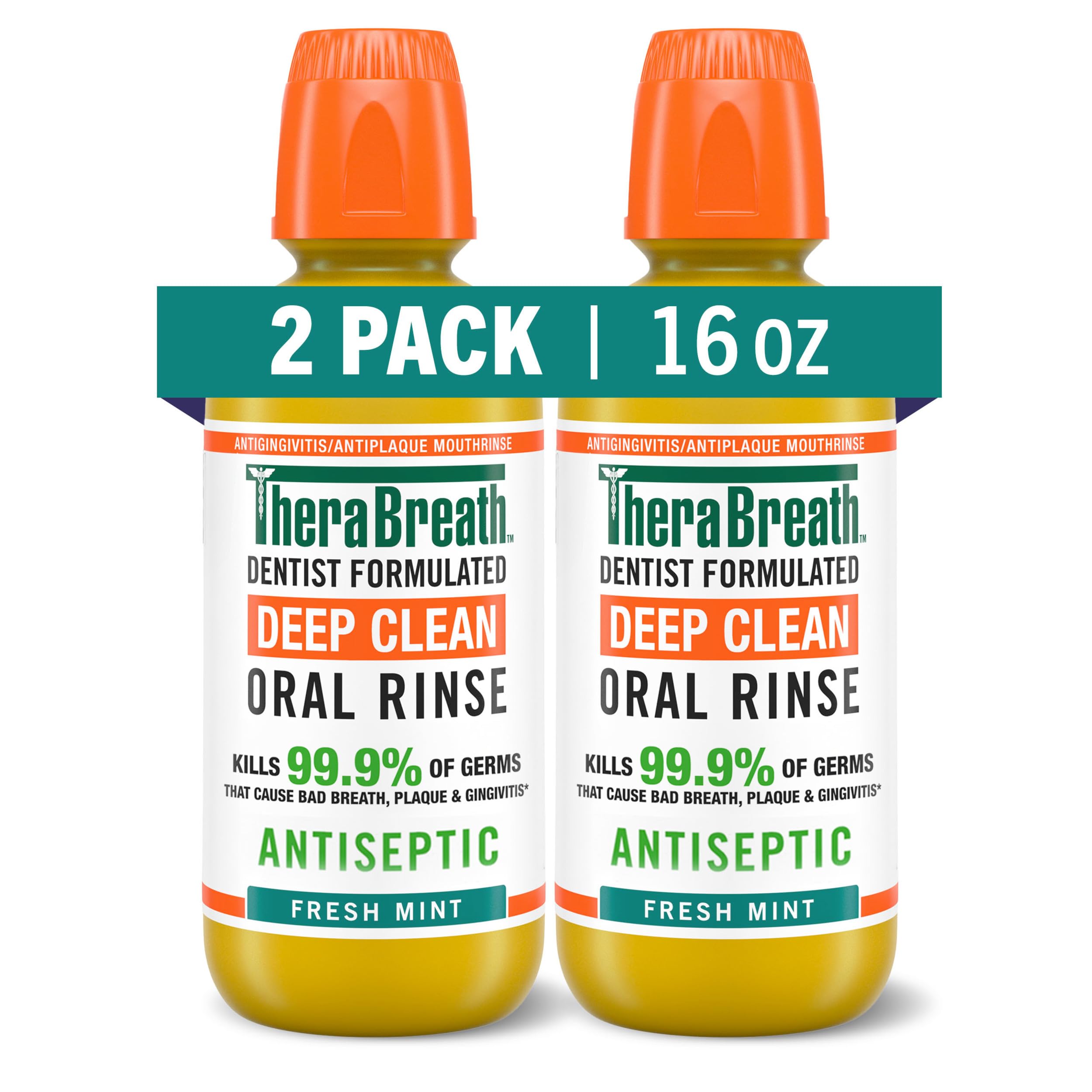 TheraBreath Deep Clean Mouthwash, Antigingivitis, Antiseptic, Fresh Mint Flavor, Dentist Formulated, Alcohol Free, 16 fl oz (Pack of 2)