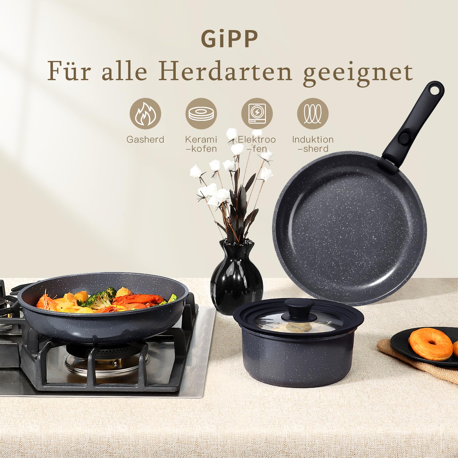 GiPP Kochgeschirrset mit abnehmbaren Griffen, 21-teiliges Pfannenset mit Granit-Antihaftbeschichtung, geeignet für Induktionsherde, ofenfest, für alle Herdarten geeignet