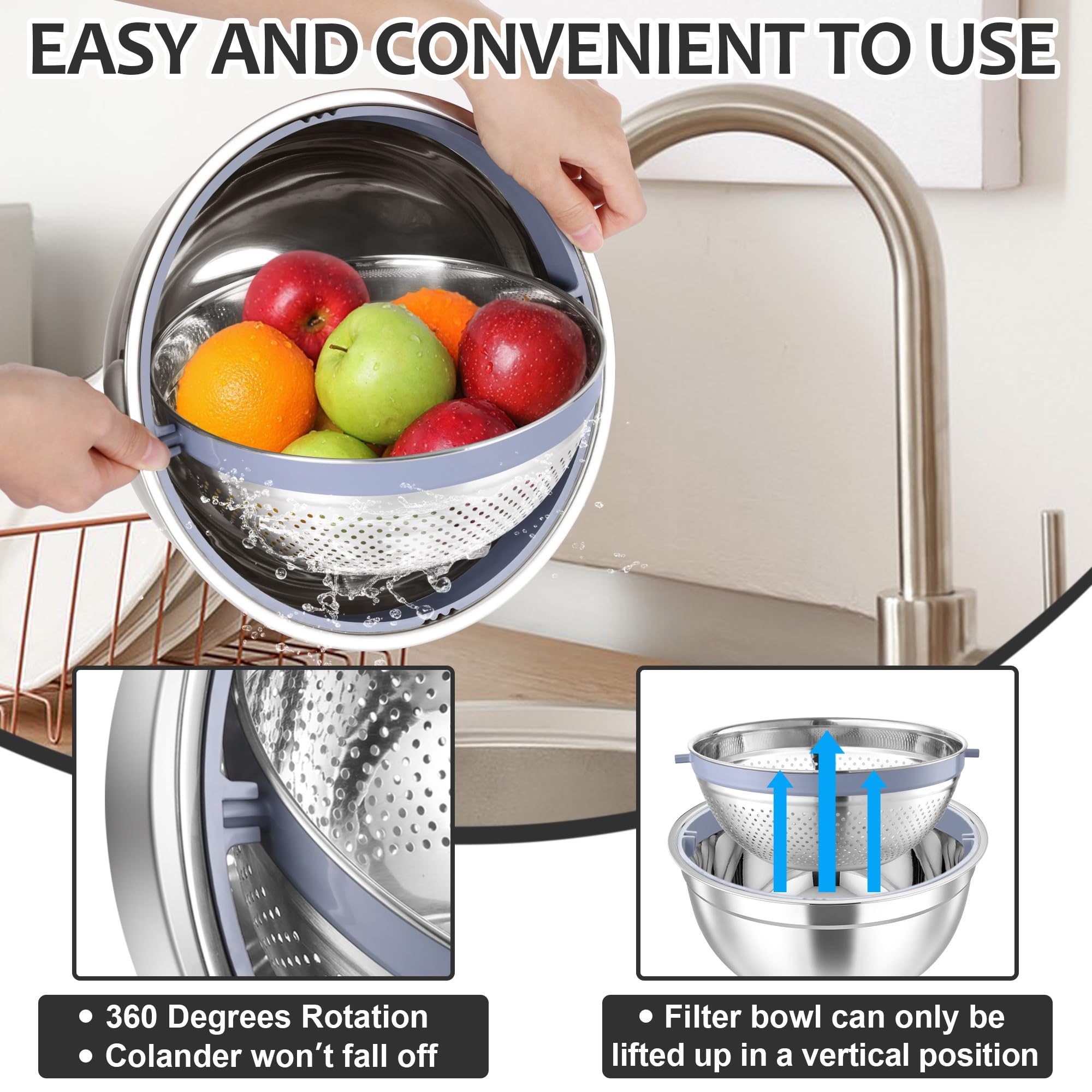 Colador con juego de tazones para mezclar, 4-1 coladores de acero inoxidable con ralladores para cocina, cuenco giratorio de colador de alimentos para enjuagar frutas, verduras y pasta, color 3