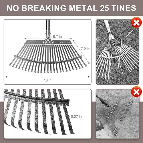 Miniatura 4 de KeFanta Rastrillo para hojas de jardín, rastrillo para hojas, resistente, 25 dientes de metal de 18.5 pulgadas de ancho, rastrillos ajustables de