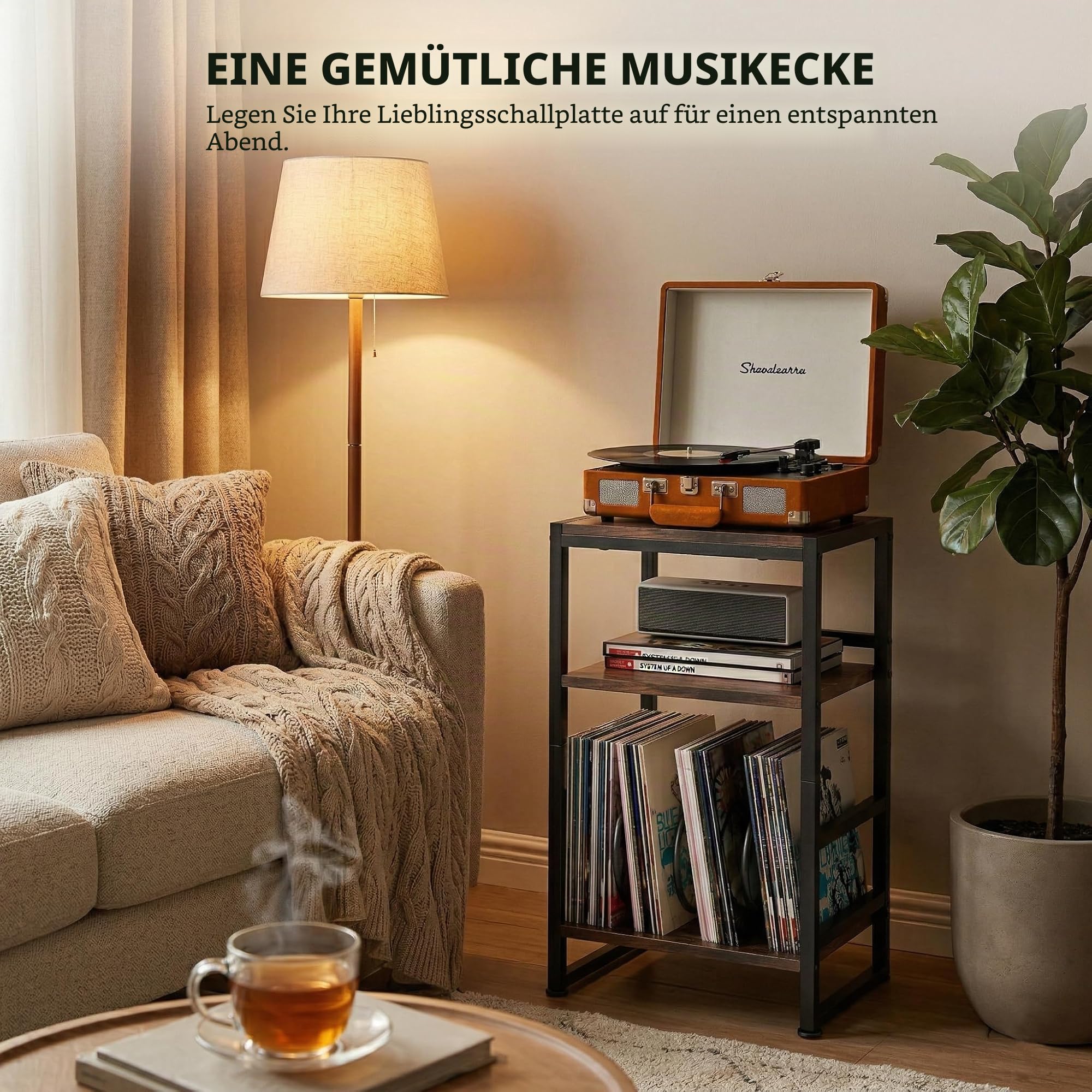 Plattenspieler-Ständer, 3 Etagen Beistelltisch,Plattenspielertisch Aufbewahrung von Schallplatten, bis zu 120 Alben, Tisch für Wohnzimmer, Schlafzimmer, Vintagebraun (Rustikal Braun)