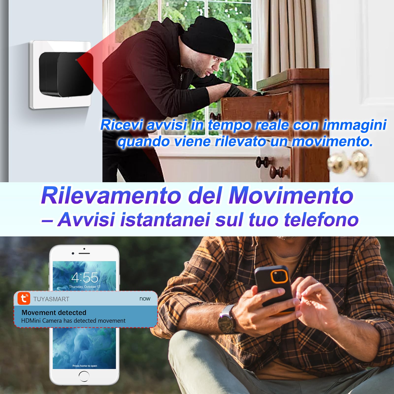 TANGMI Telecamera Spia WiFi 1080P, Rilevamento Movimento | Doppia banda 2.4/5GHz, 100° grandangolo, app Tuya Smart, avvisi istantanei, 2-in1