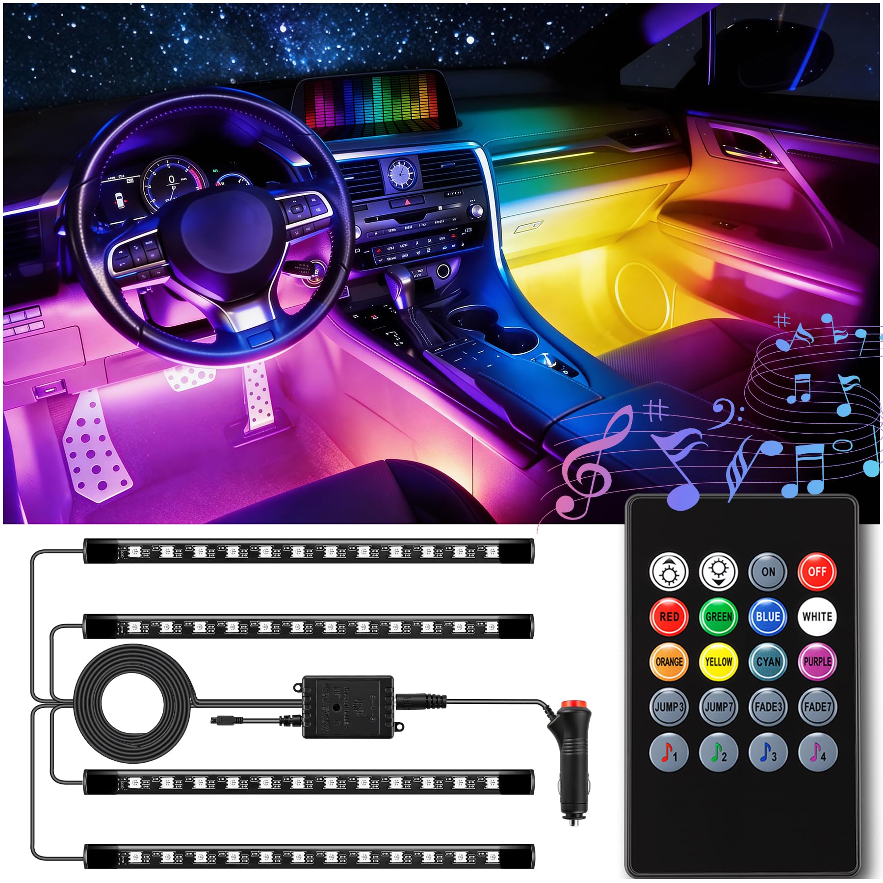 LivTee Car Led Interior Lights，4pcs 48 LED Multicolor Music Car Interior Accessories Under Dash Lighting Waterproof Kit with Sound Active Function and Wireless Remote Control, Car Charger Included