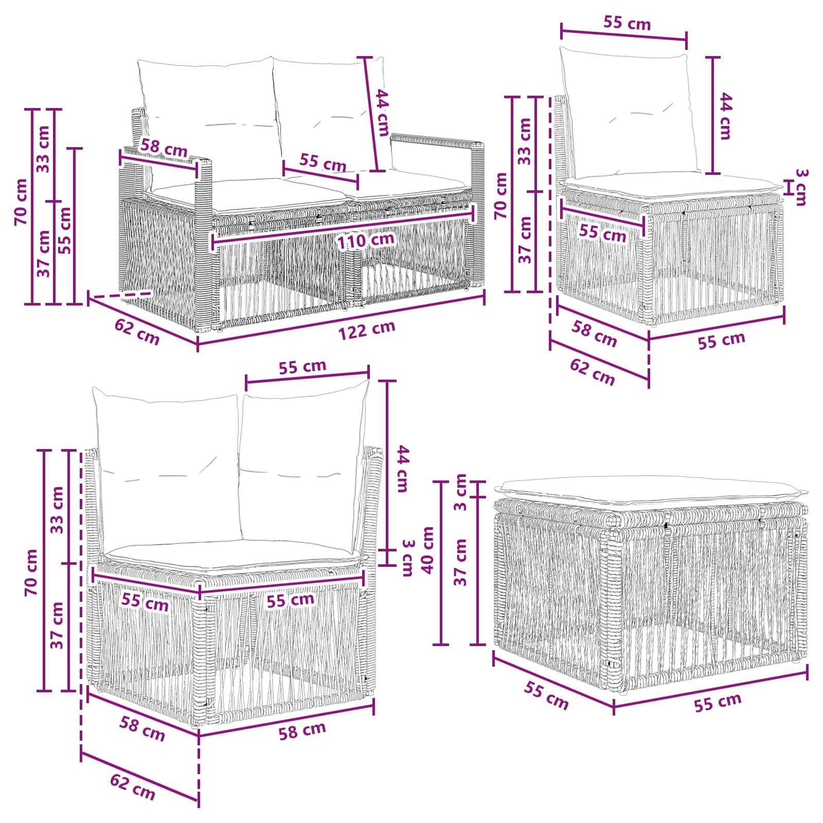 Ensemble de canapé de Jardin modulable 8 pièces en polyrotin Gris, Coussins Assise et Dos Amovibles, Cadre Acier Enduit, pour terrasse Balcon Patio détente