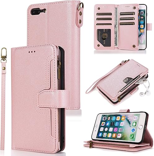 QLTYPRI Funda para iPhone 7 Plus 8 Plus, de piel premium, tarjetero con función atril, correa de muñeca, cierre magnético, monedero con cremallera