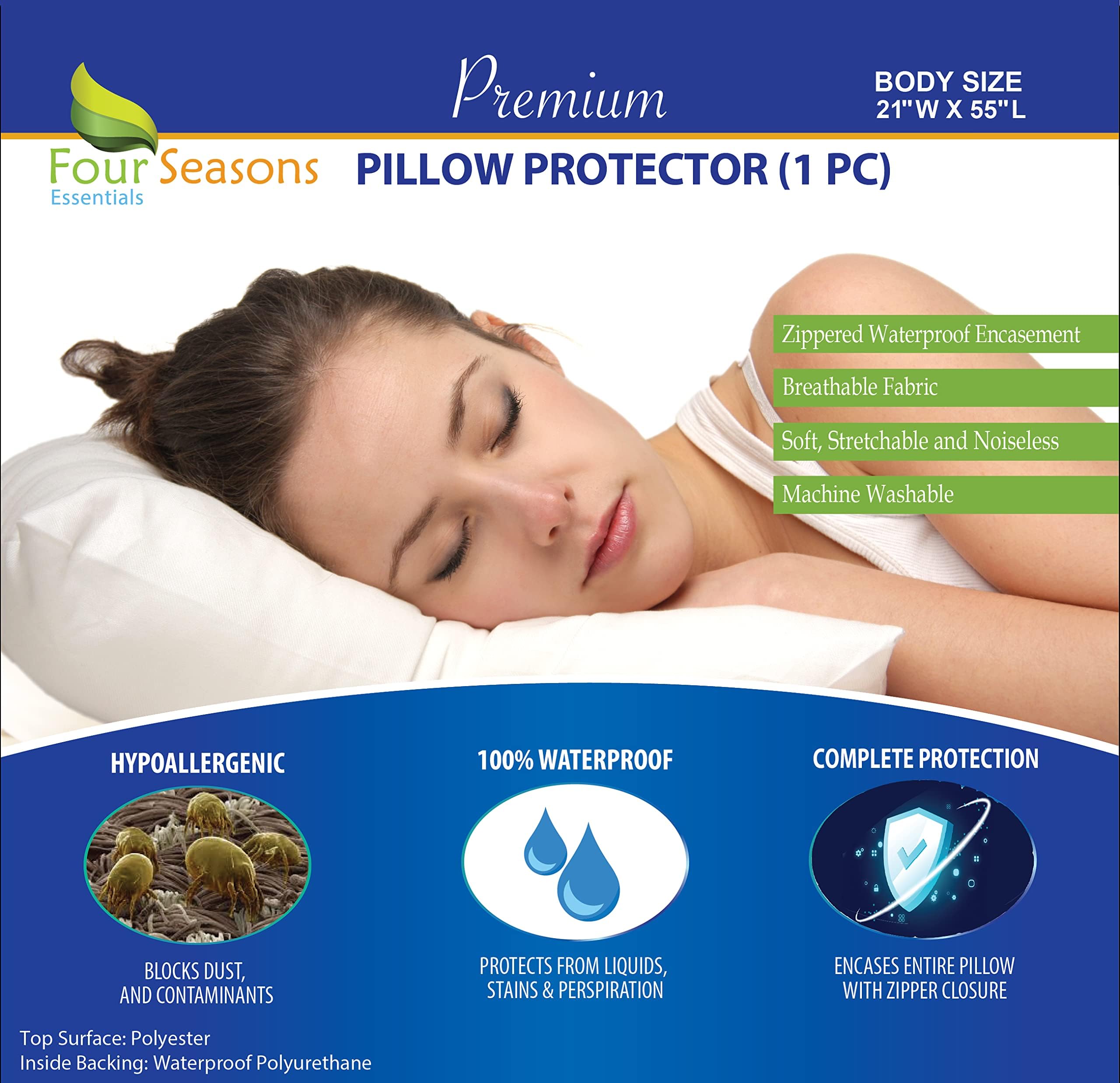 Body Size Pillow Protector (21" W x 55" L) – Waterproof Zippered Pillow Cover Hypoallergenic Dust Proof Pillowcase Encasement